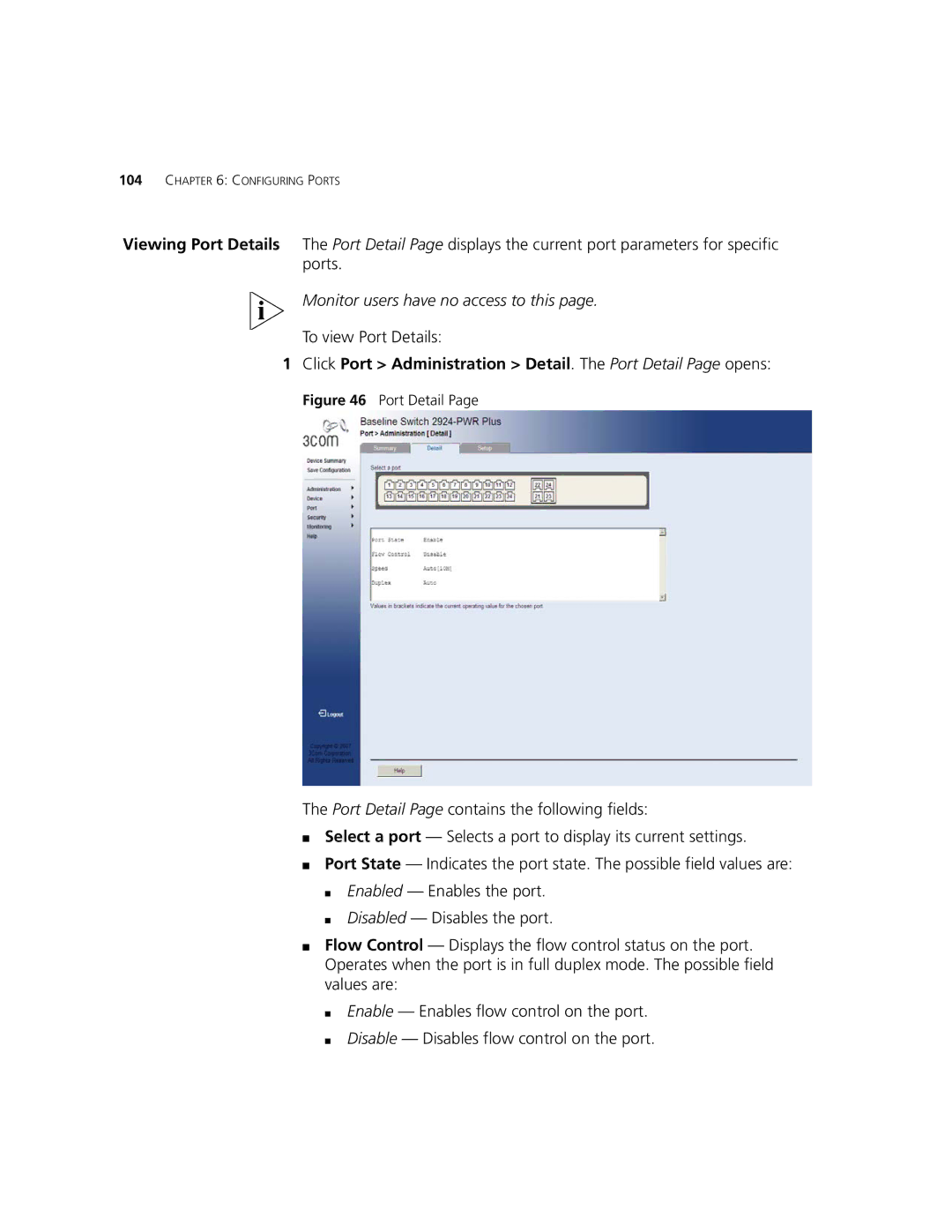 3Com 2924-PWR manual To view Port Details, Click Port Administration Detail. The Port Detail Page opens 