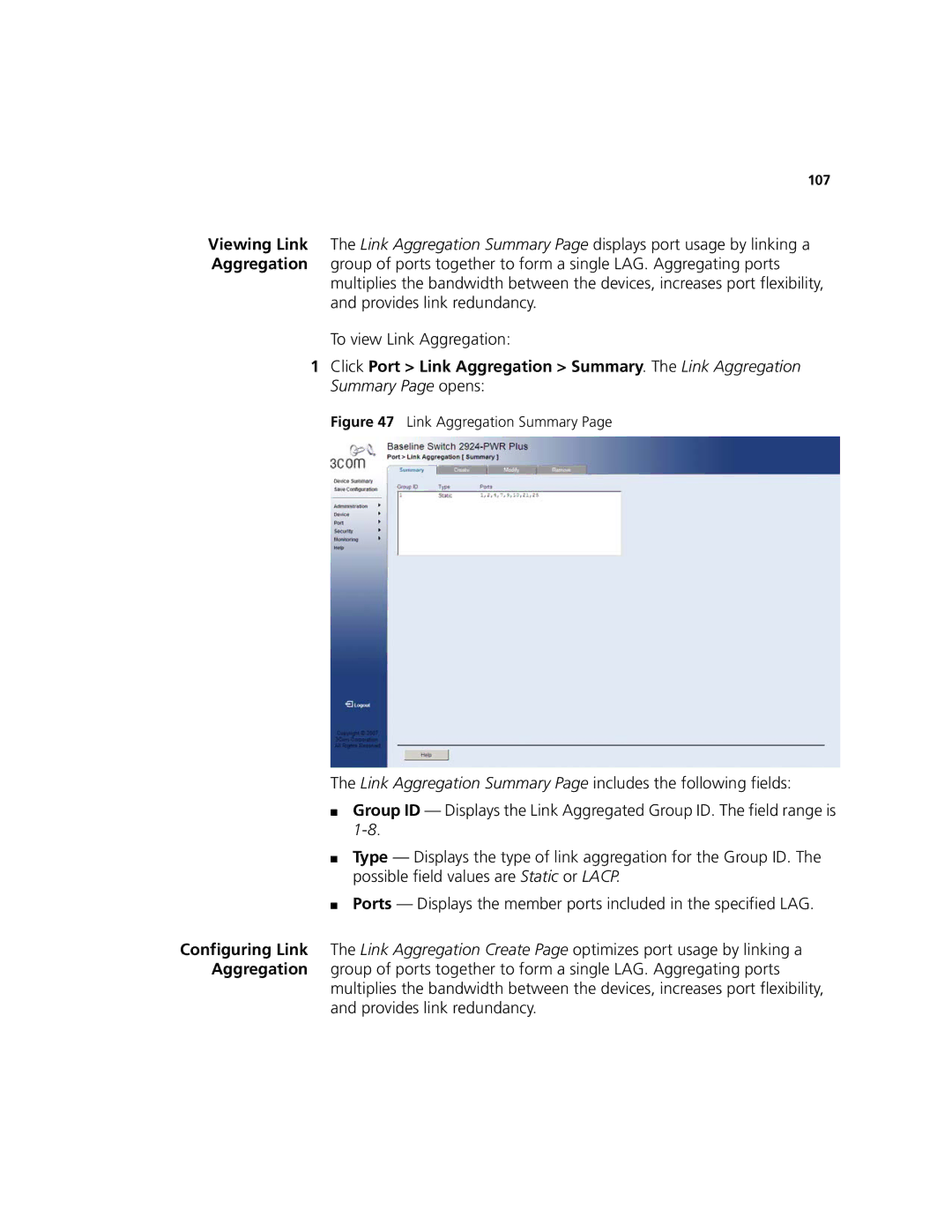 3Com 2924-PWR manual Link Aggregation Summary 