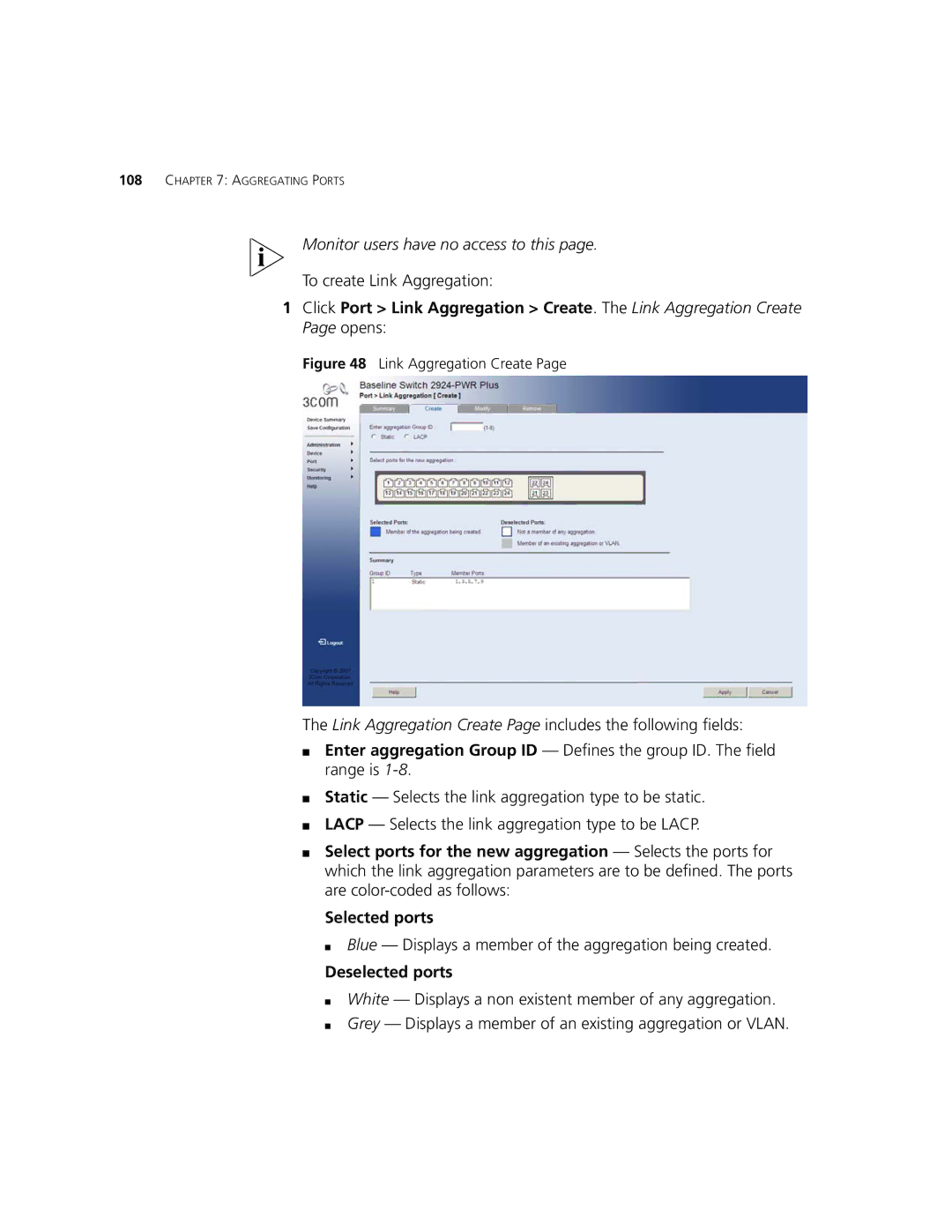 3Com 2924-PWR manual To create Link Aggregation, Blue Displays a member of the aggregation being created, Deselected ports 