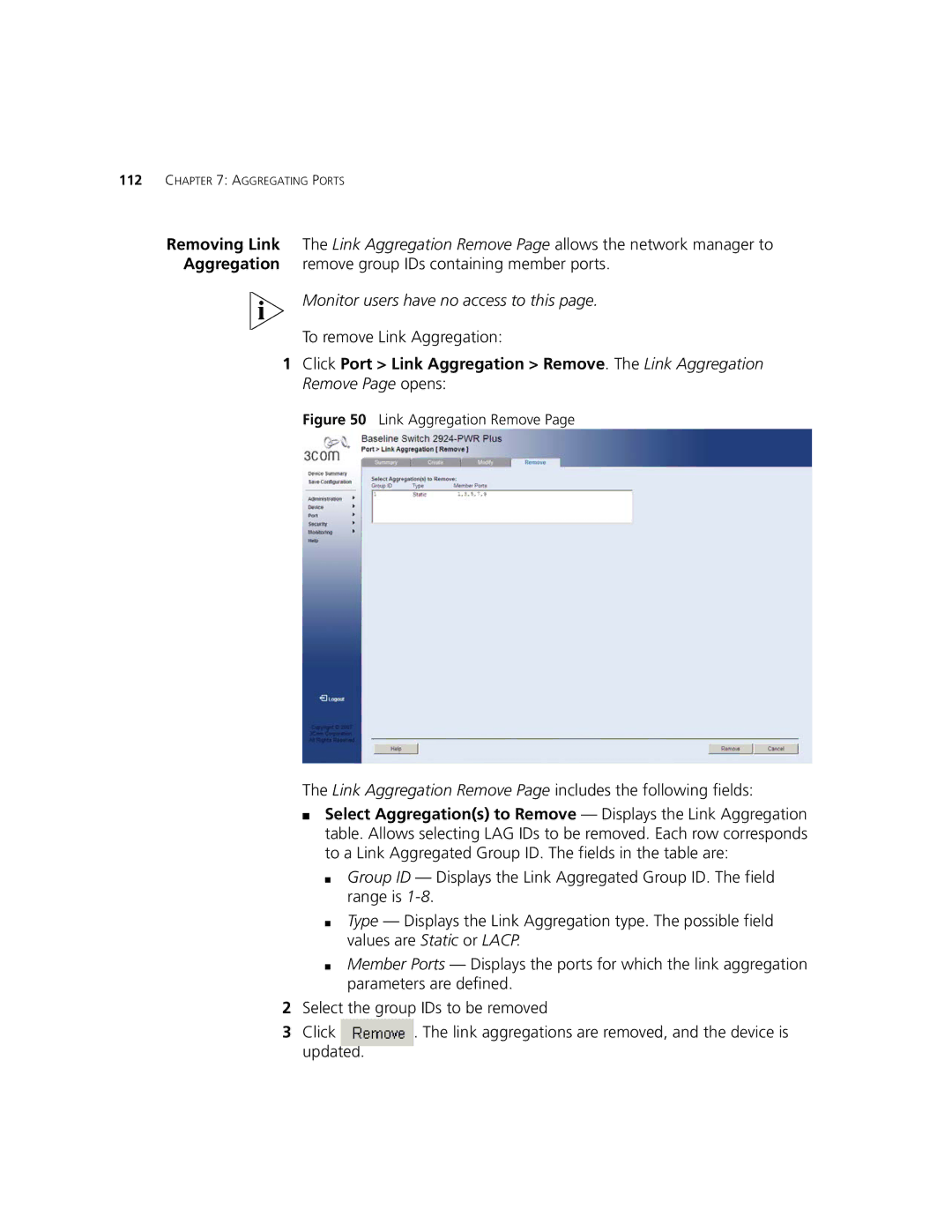 3Com 2924-PWR manual To remove Link Aggregation, Link Aggregation Remove Page includes the following fields 