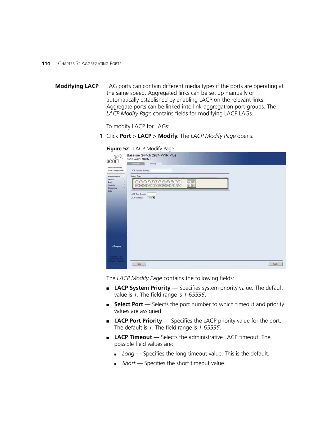 3Com 2924-PWR manual Lacp Modify 