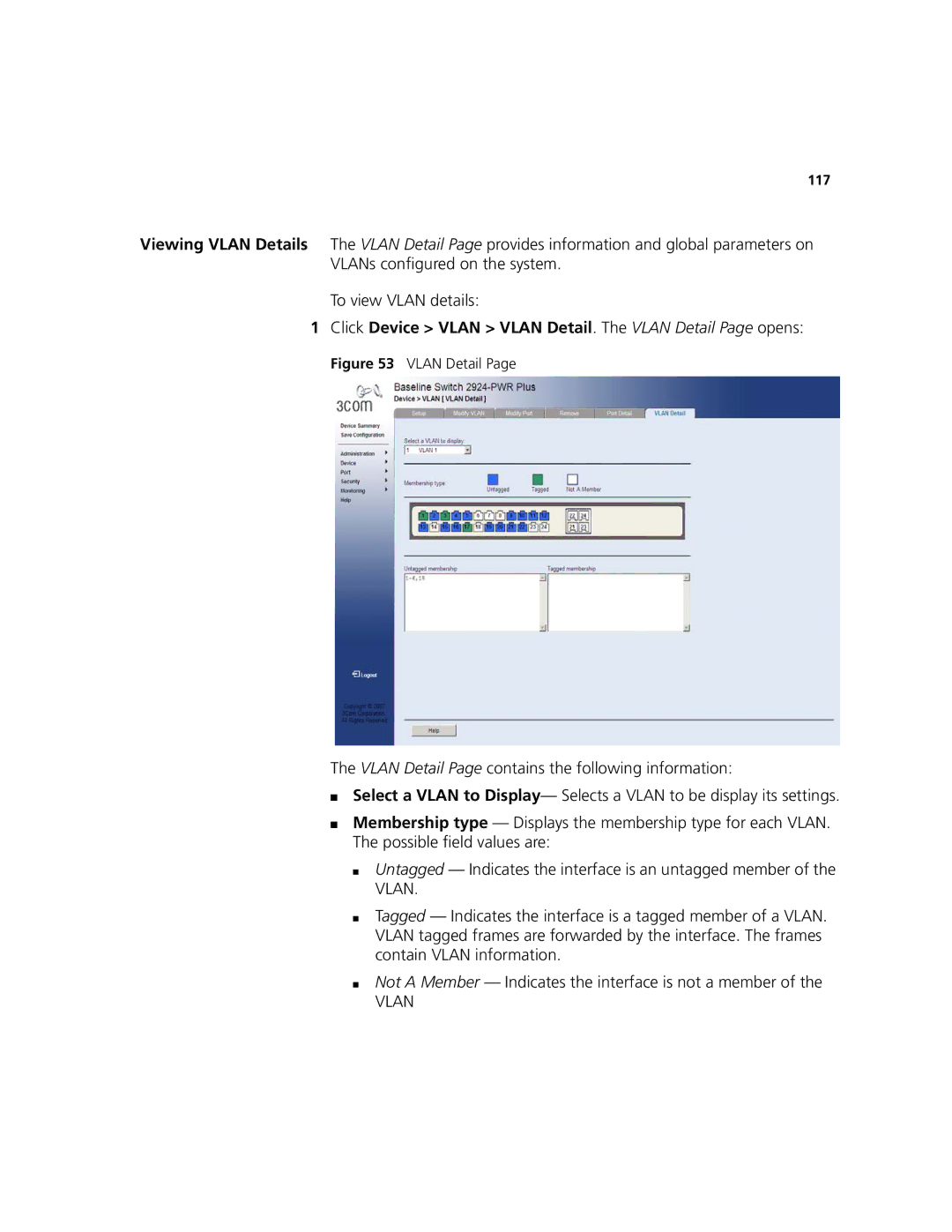 3Com 2924-PWR manual Click Device Vlan Vlan Detail. The Vlan Detail Page opens 