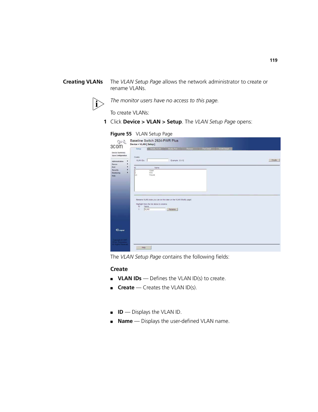 3Com 2924-PWR manual Create, To create VLANs, Click Device Vlan Setup. The Vlan Setup Page opens 