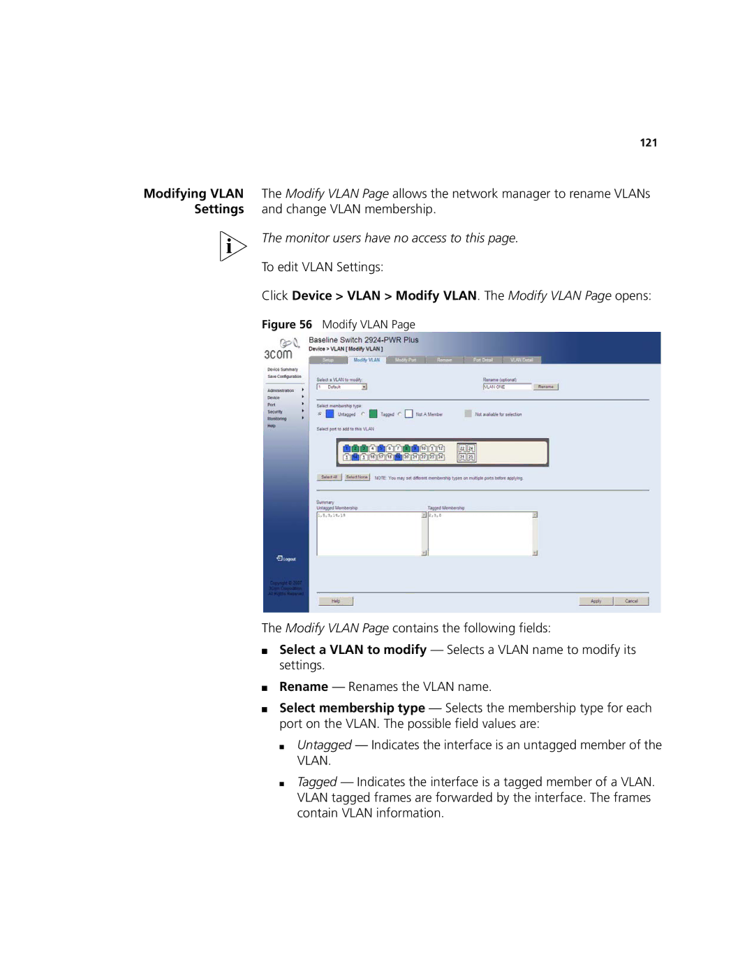 3Com 2924-PWR manual To edit Vlan Settings, Click Device Vlan Modify VLAN. The Modify Vlan Page opens 