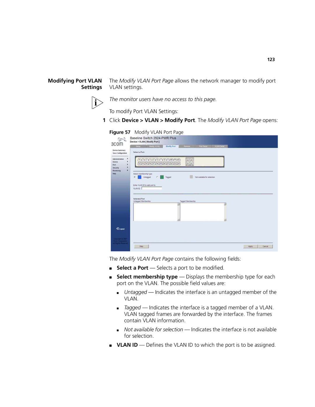 3Com 2924-PWR manual To modify Port Vlan Settings, Modify Vlan Port 