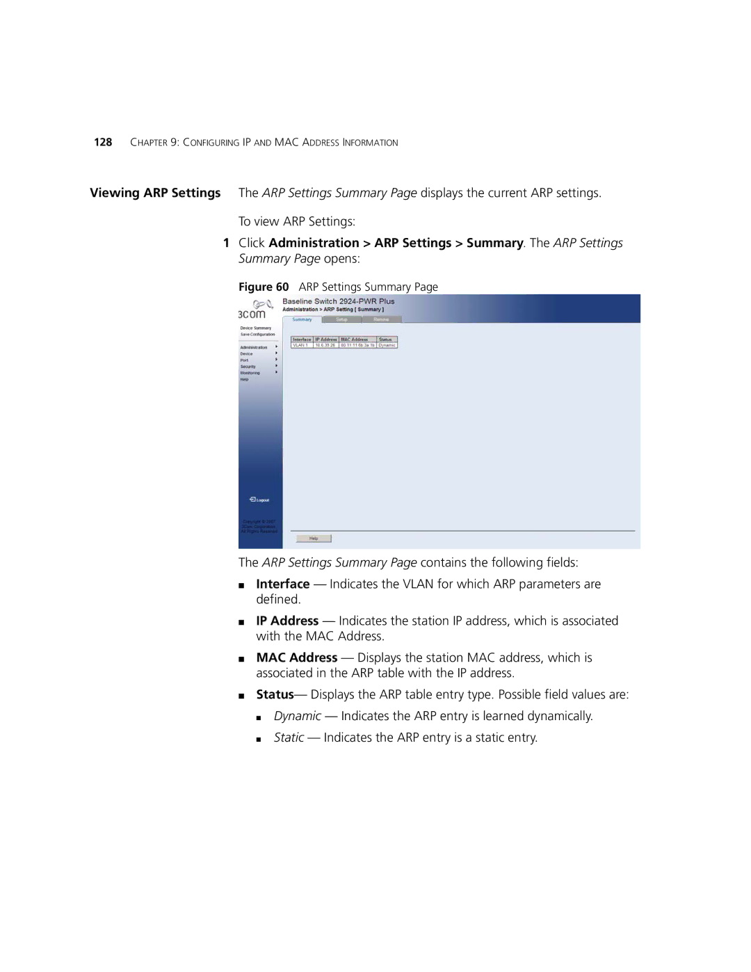 3Com 2924-PWR manual ARP Settings Summary 