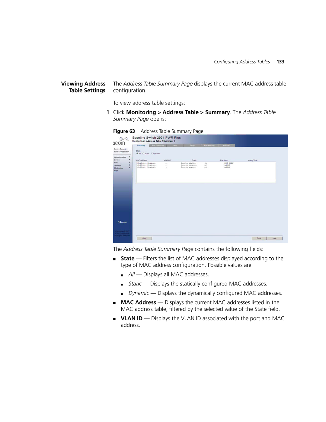 3Com 2924-PWR manual Table Settings, To view address table settings 