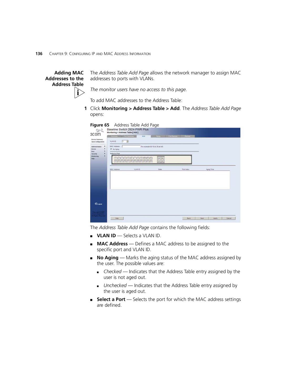 3Com 2924-PWR manual To add MAC addresses to the Address Table 