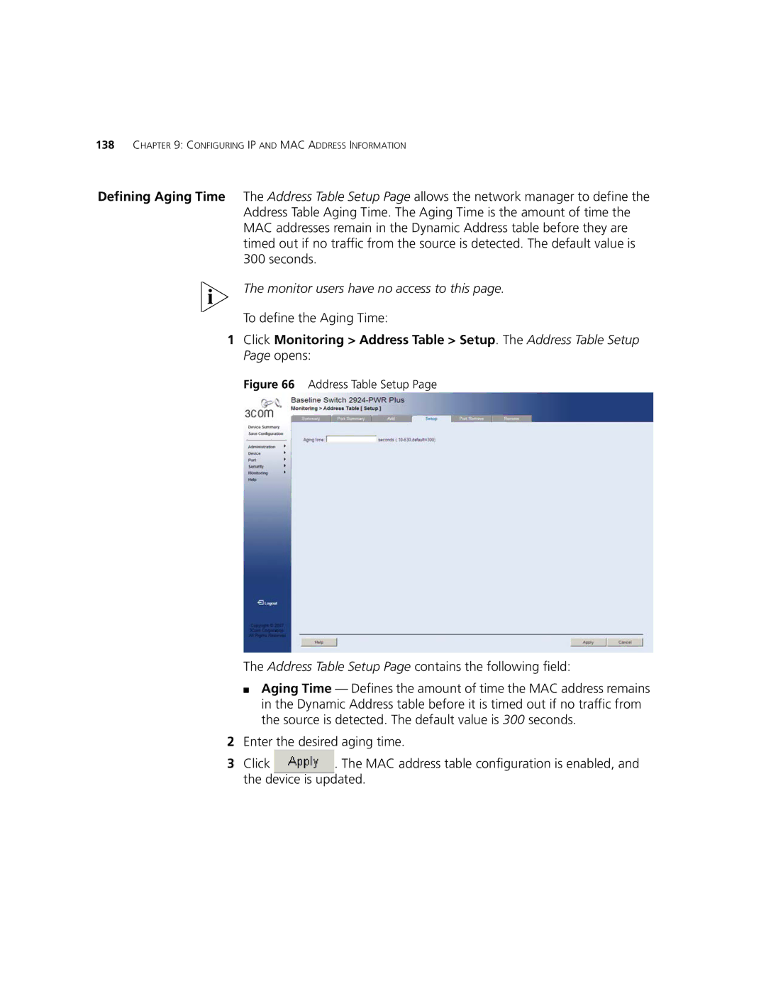 3Com 2924-PWR manual To define the Aging Time, Address Table Setup Page contains the following field 