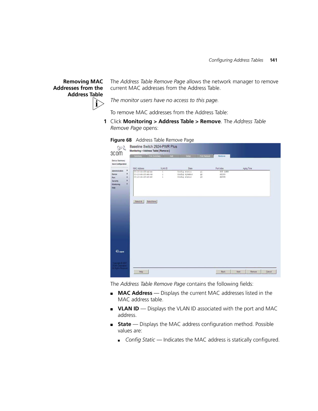 3Com 2924-PWR manual To remove MAC addresses from the Address Table, Address Table Remove 