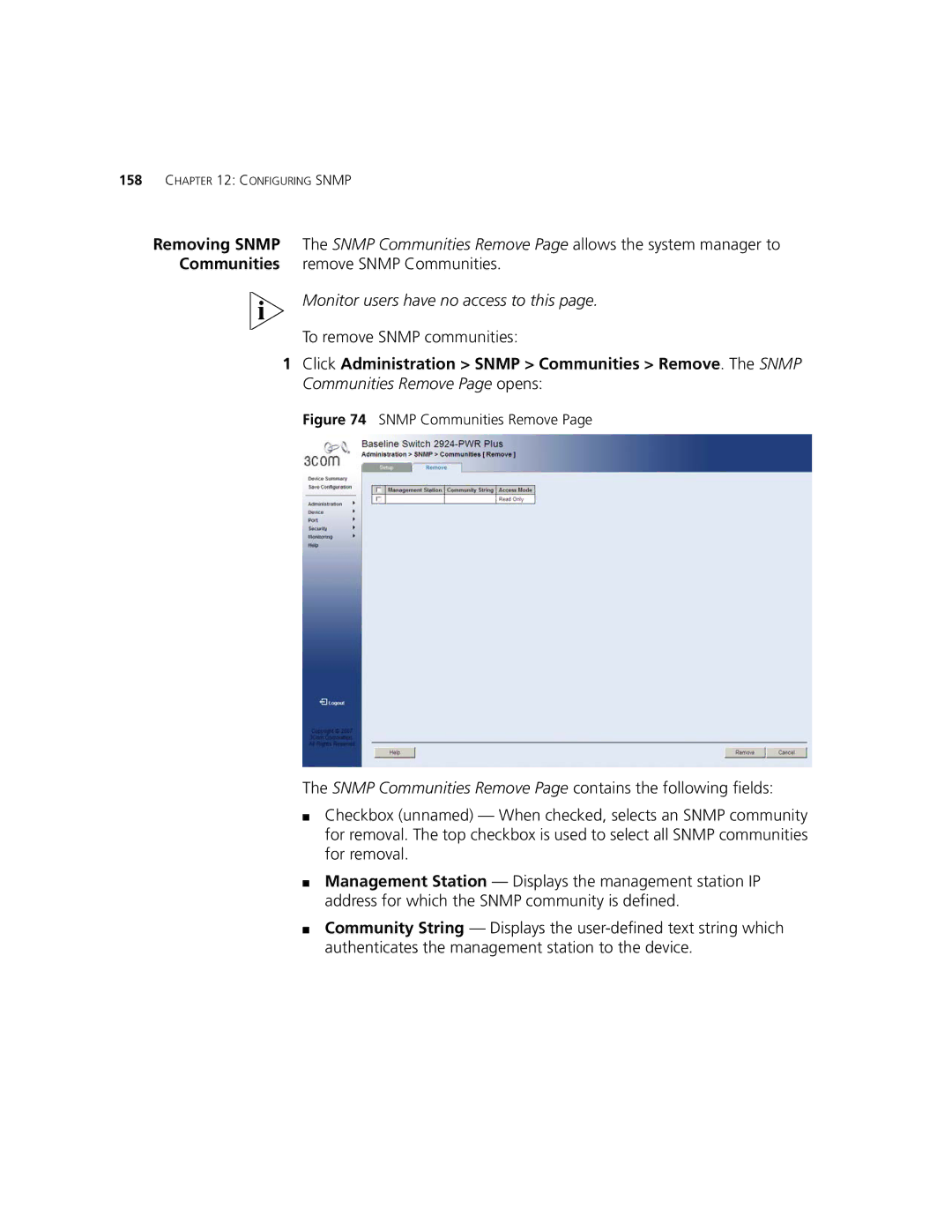 3Com 2924-PWR manual To remove Snmp communities, Snmp Communities Remove 