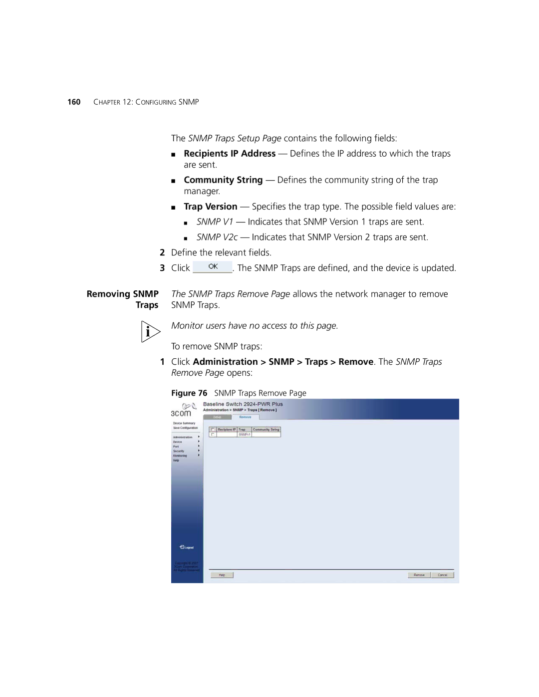 3Com 2924-PWR manual To remove Snmp traps, Snmp Traps Remove 