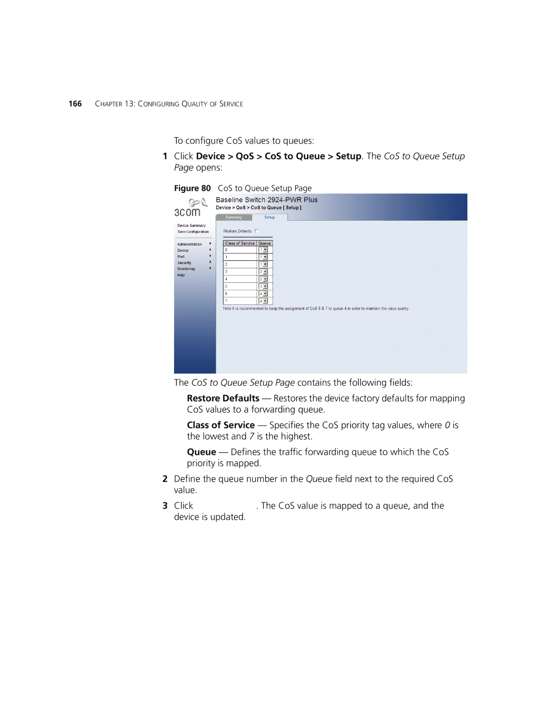 3Com 2924-PWR manual To configure CoS values to queues, CoS to Queue Setup 