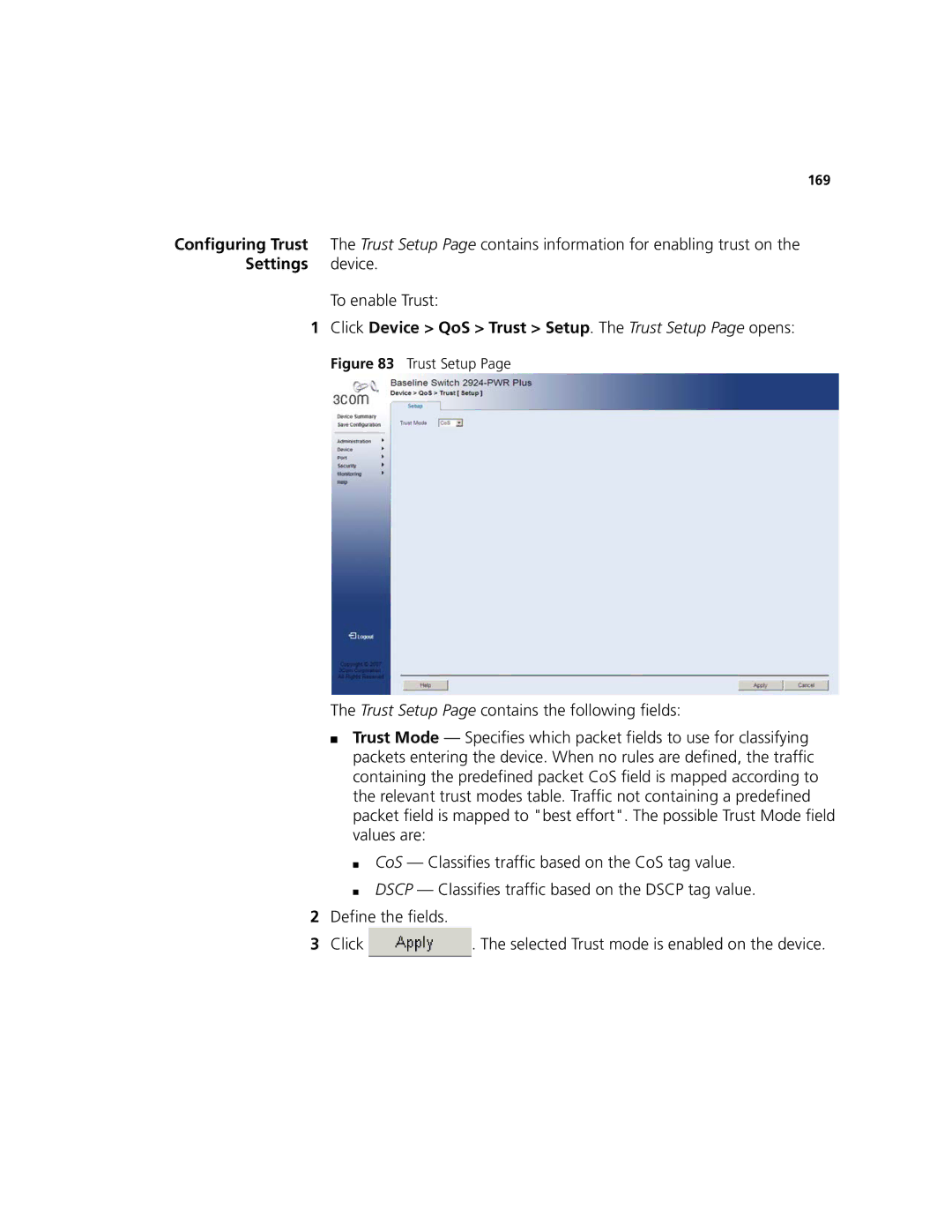 3Com 2924-PWR manual Click Device QoS Trust Setup. The Trust Setup Page opens 