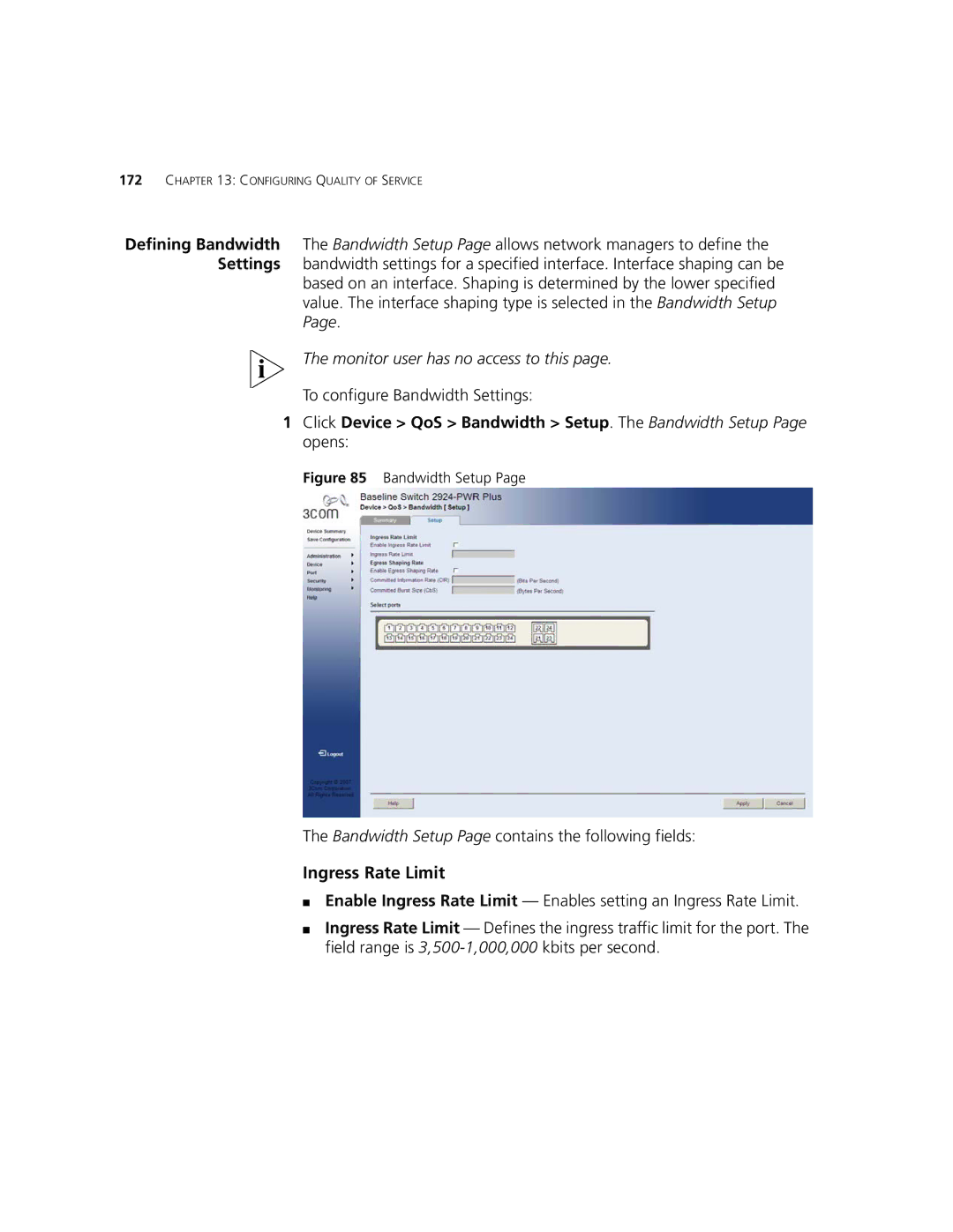 3Com 2924-PWR manual To configure Bandwidth Settings, Bandwidth Setup Page contains the following fields 