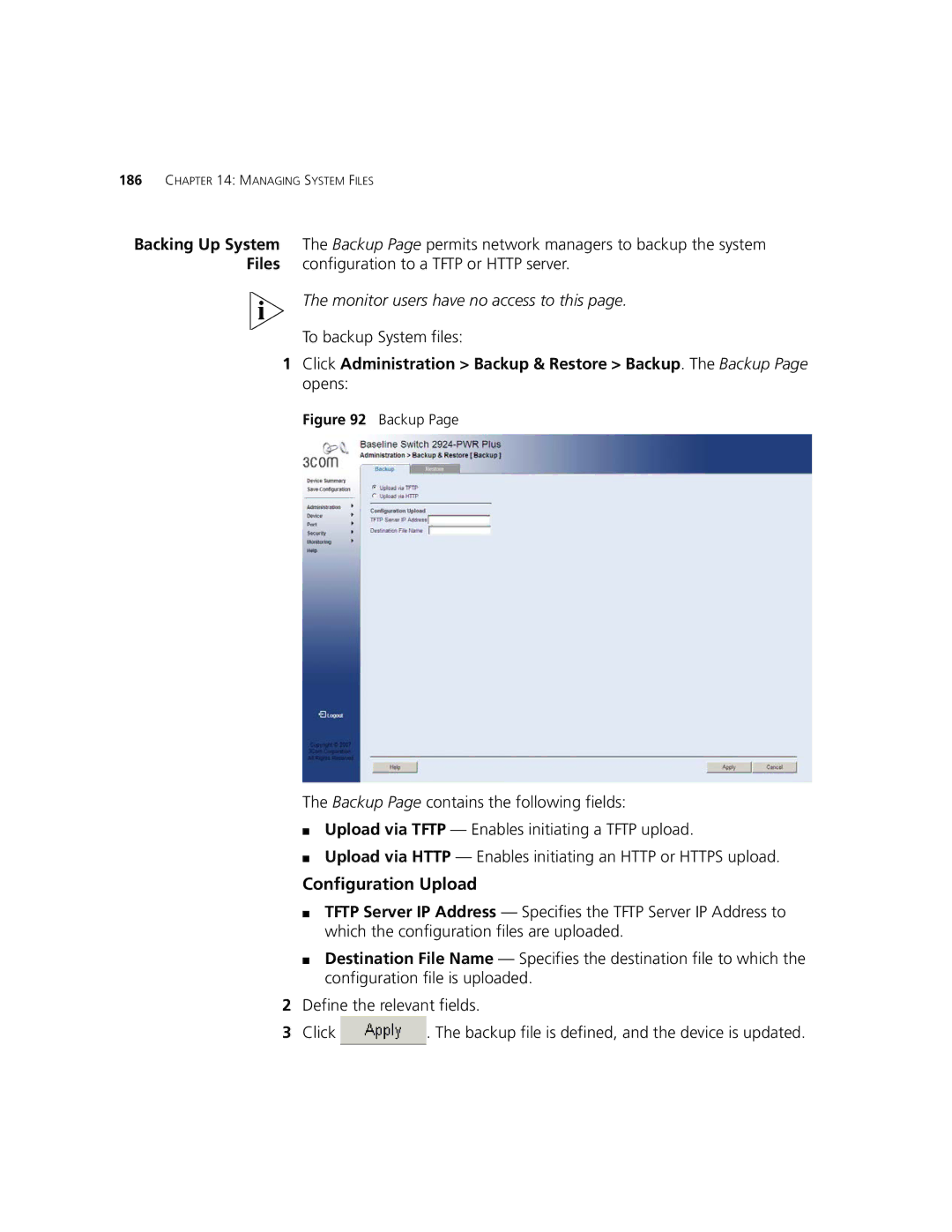 3Com 2924-PWR manual Configuration Upload, To backup System files 