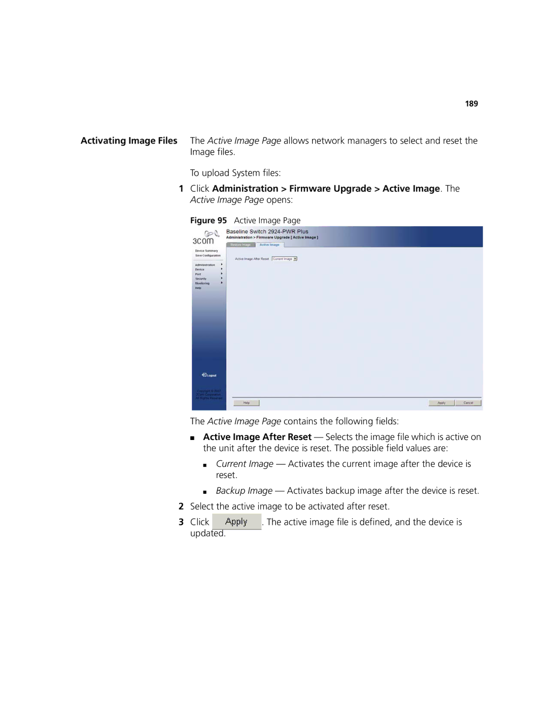 3Com 2924-PWR manual Active Image Page contains the following fields 