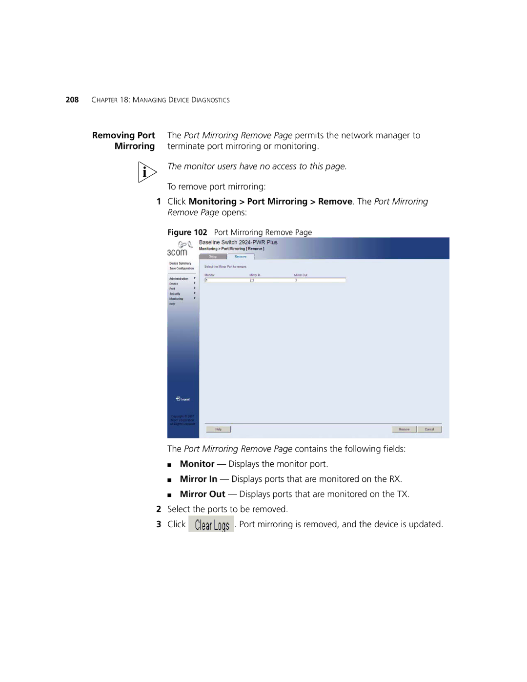 3Com 2924-PWR manual To remove port mirroring, Port Mirroring Remove 