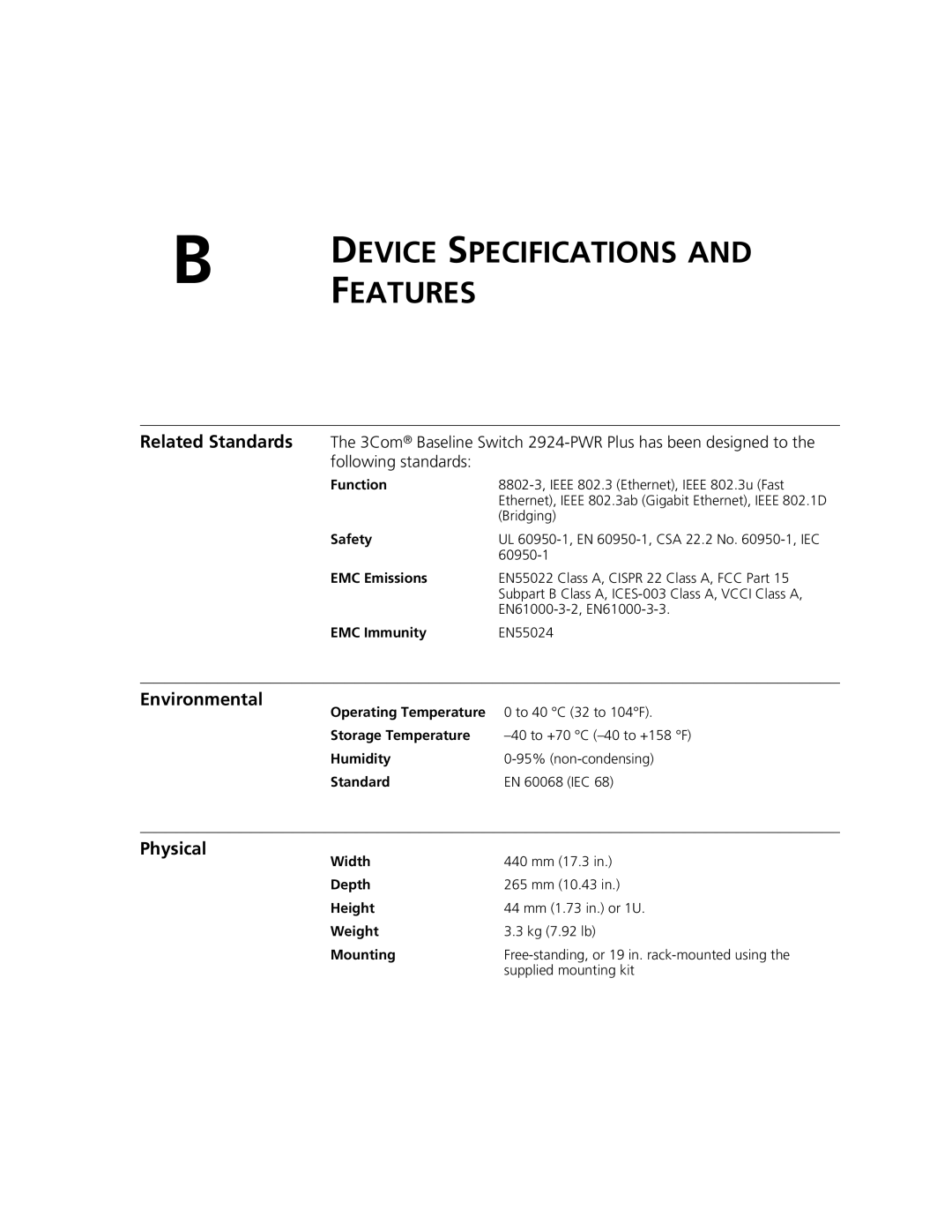 3Com 2924-PWR manual Environmental, Physical 