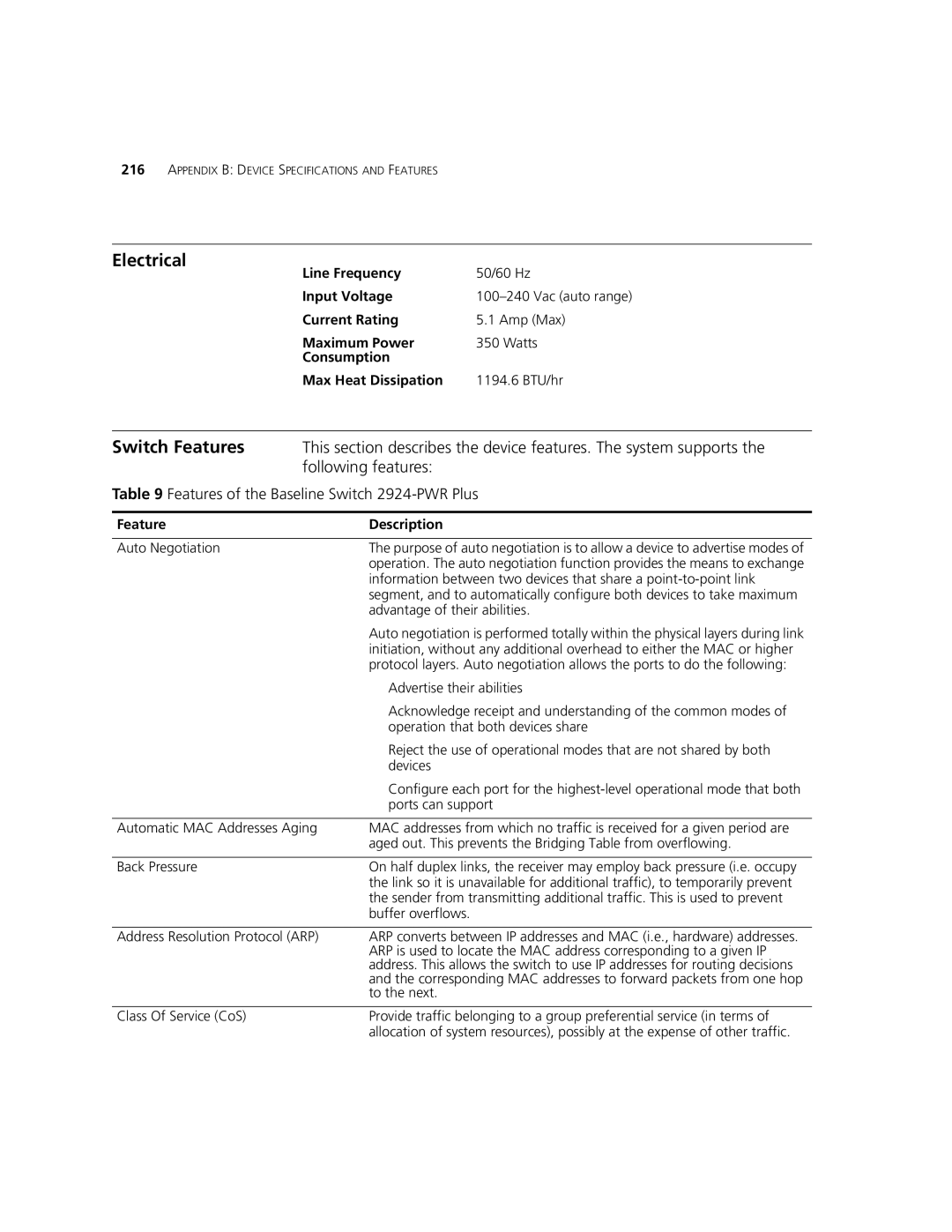 3Com manual Electrical, Features of the Baseline Switch 2924-PWR Plus 