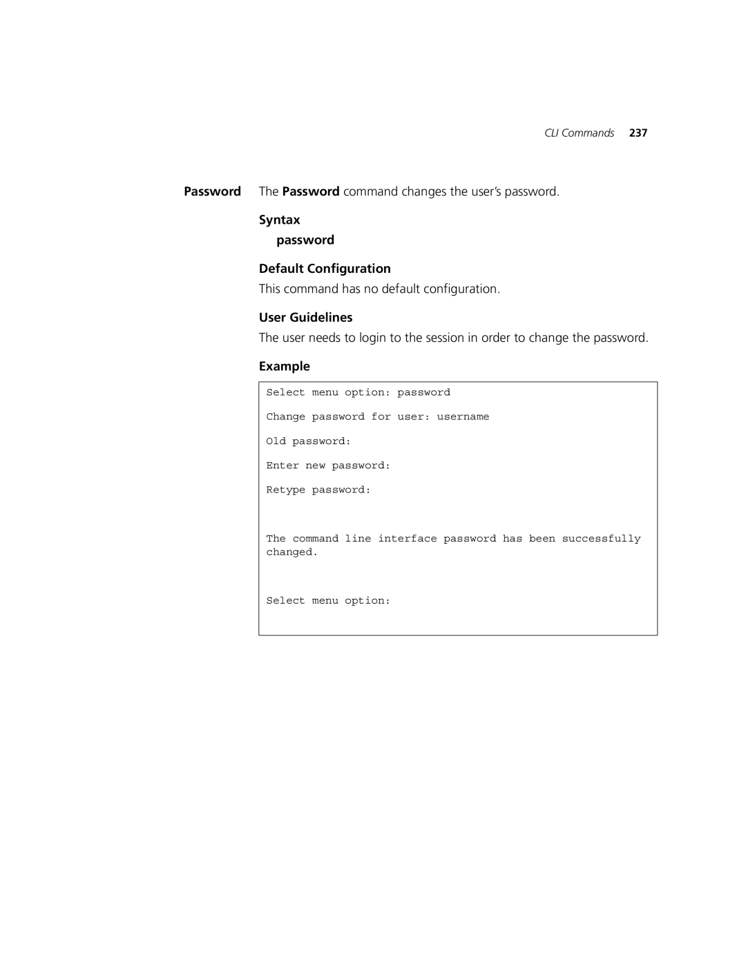 3Com 2924-PWR manual Password The Password command changes the user’s password, Syntax Password Default Configuration 