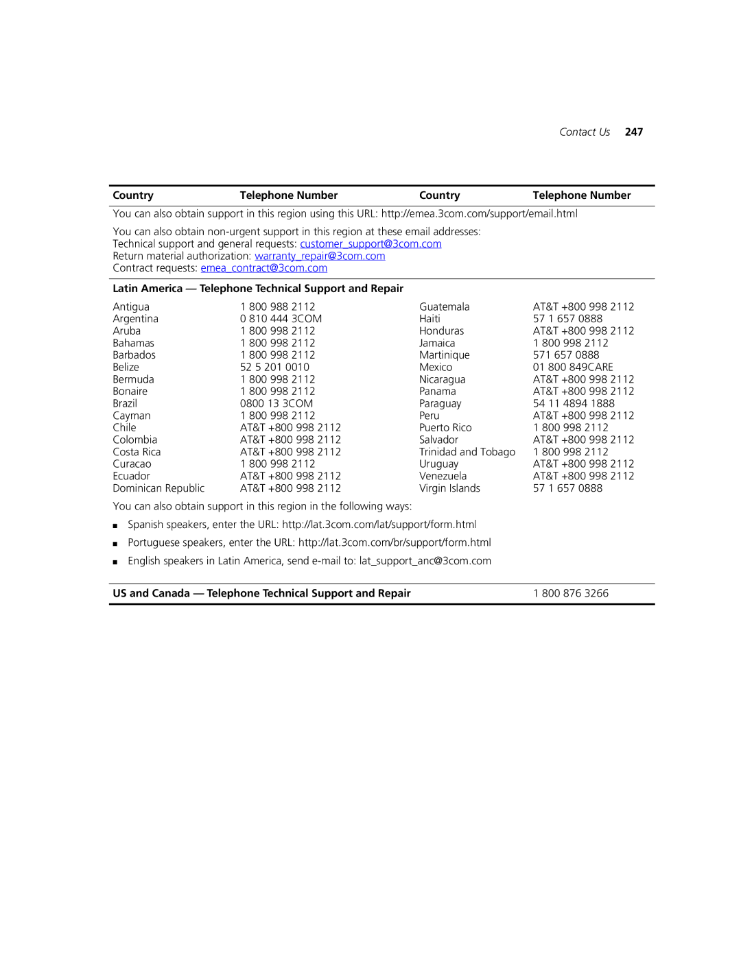 3Com 2924-PWR manual US and Canada Telephone Technical Support and Repair 800 876 