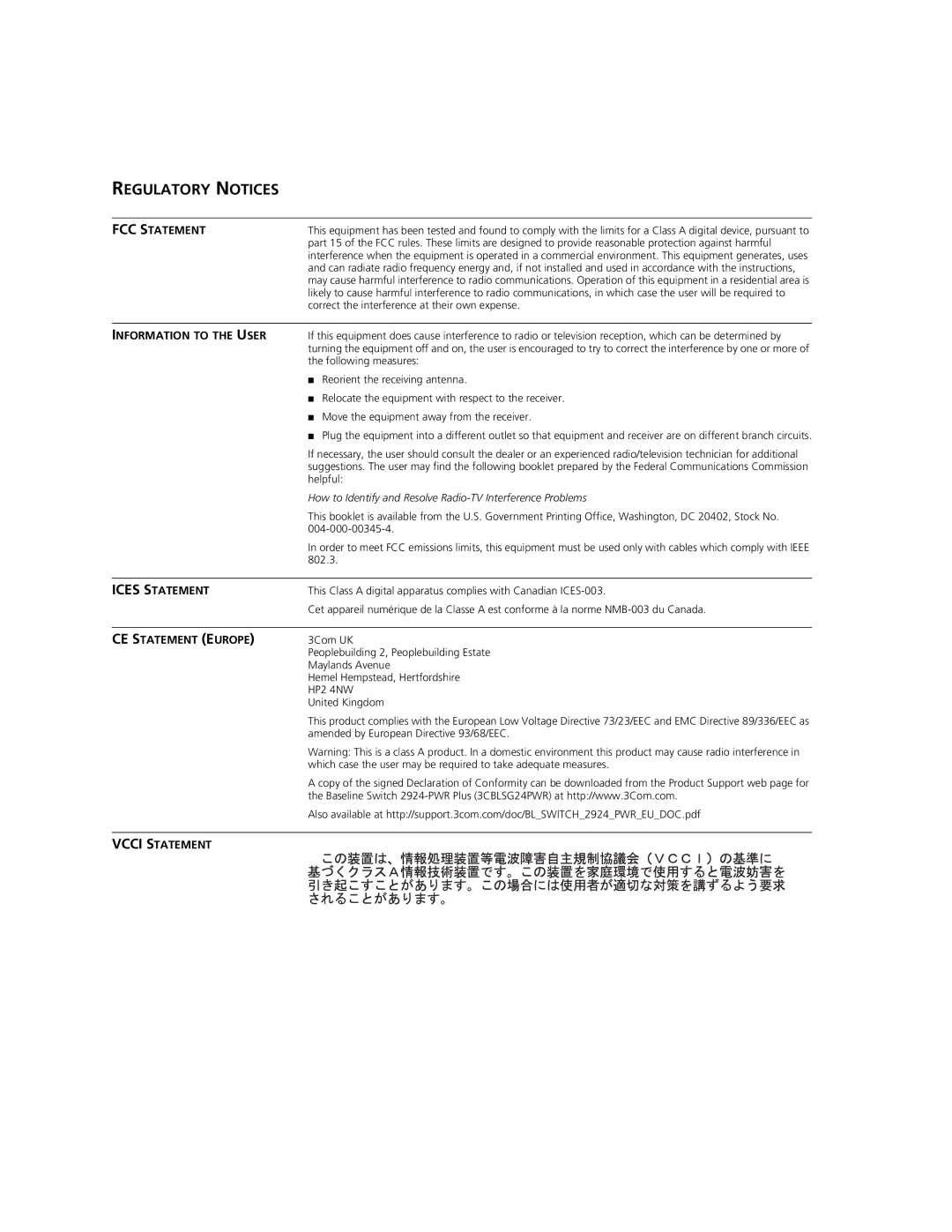 3Com 2924-PWR manual Regulatory Notices 