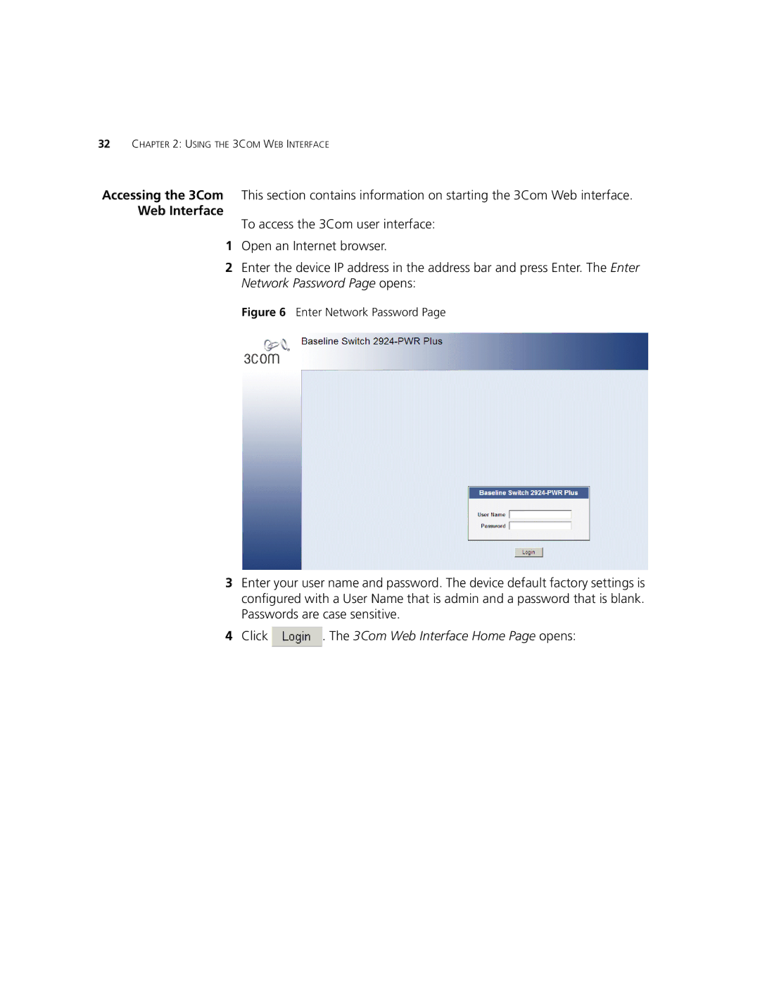 3Com 2924-PWR manual Web Interface, Enter Network Password 