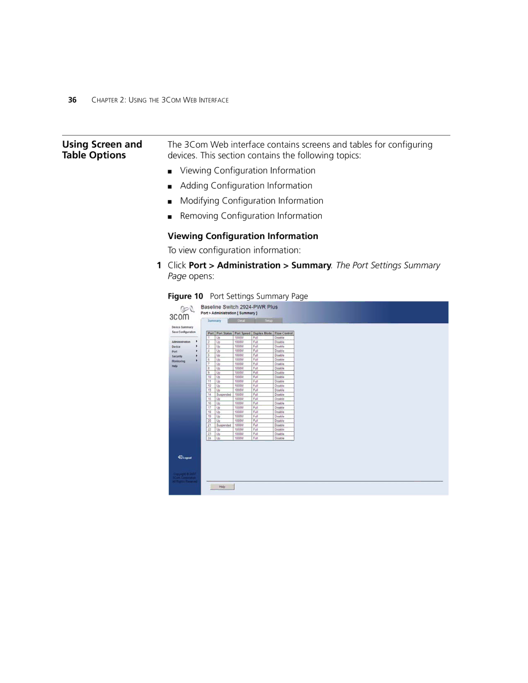 3Com 2924-PWR manual Using Screen, Table Options, Viewing Configuration Information 