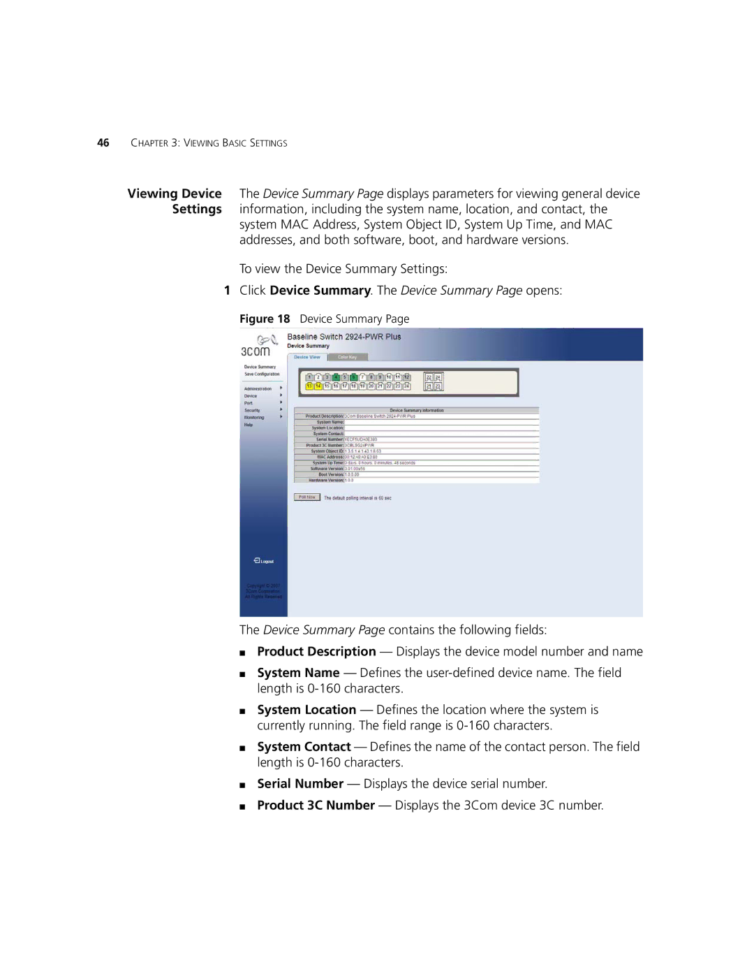 3Com 2924-PWR manual To view the Device Summary Settings, Click Device Summary. The Device Summary Page opens 