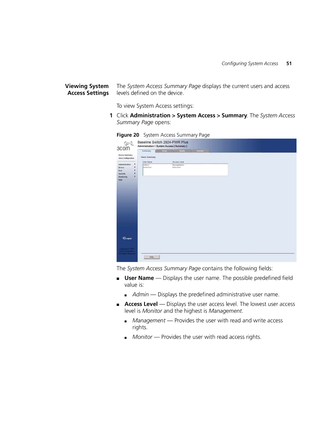 3Com 2924-PWR manual System Access Summary 