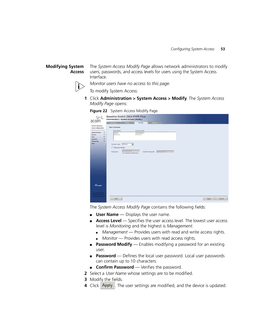 3Com 2924-PWR manual To modify System Access, System Access Modify 