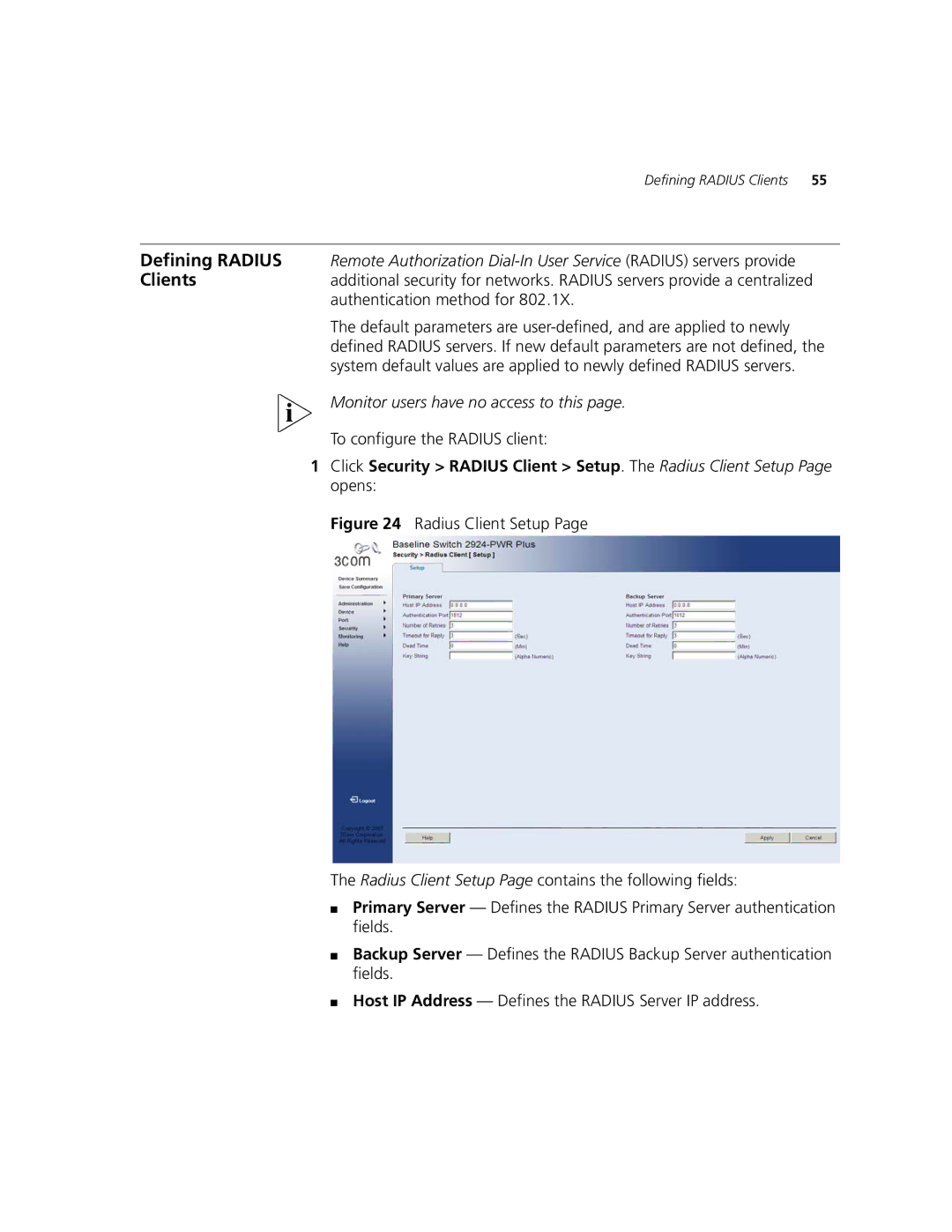 3Com 2924-PWR manual To configure the Radius client 