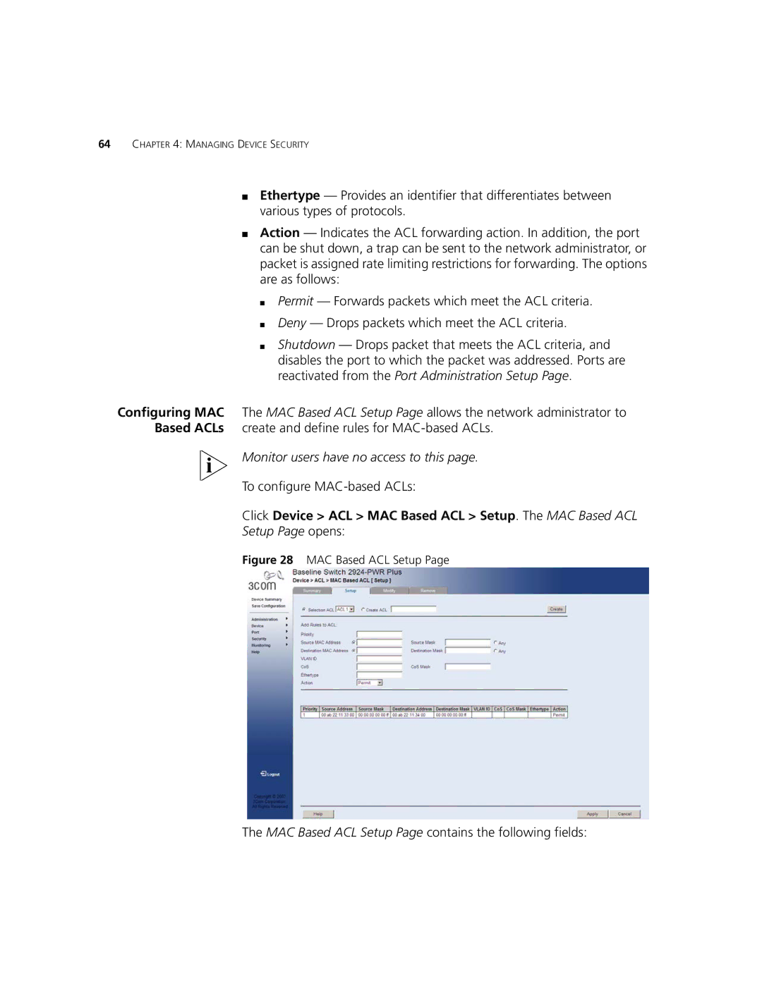 3Com 2924-PWR manual To configure MAC-based ACLs, Click Device ACL MAC Based ACL Setup. The MAC Based ACL 