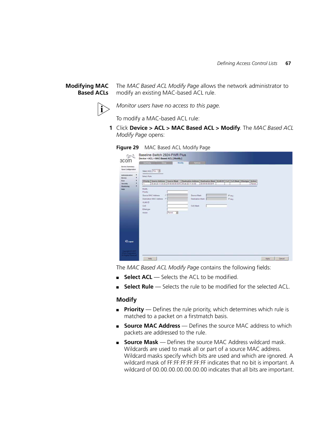 3Com 2924-PWR manual Modify, To modify a MAC-based ACL rule 