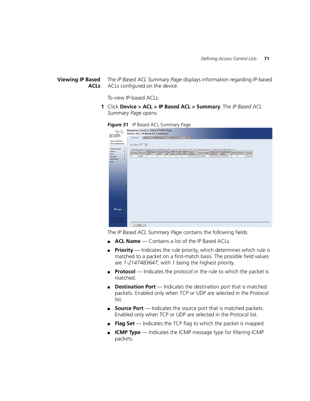 3Com 2924-PWR manual IP Based ACL Summary 