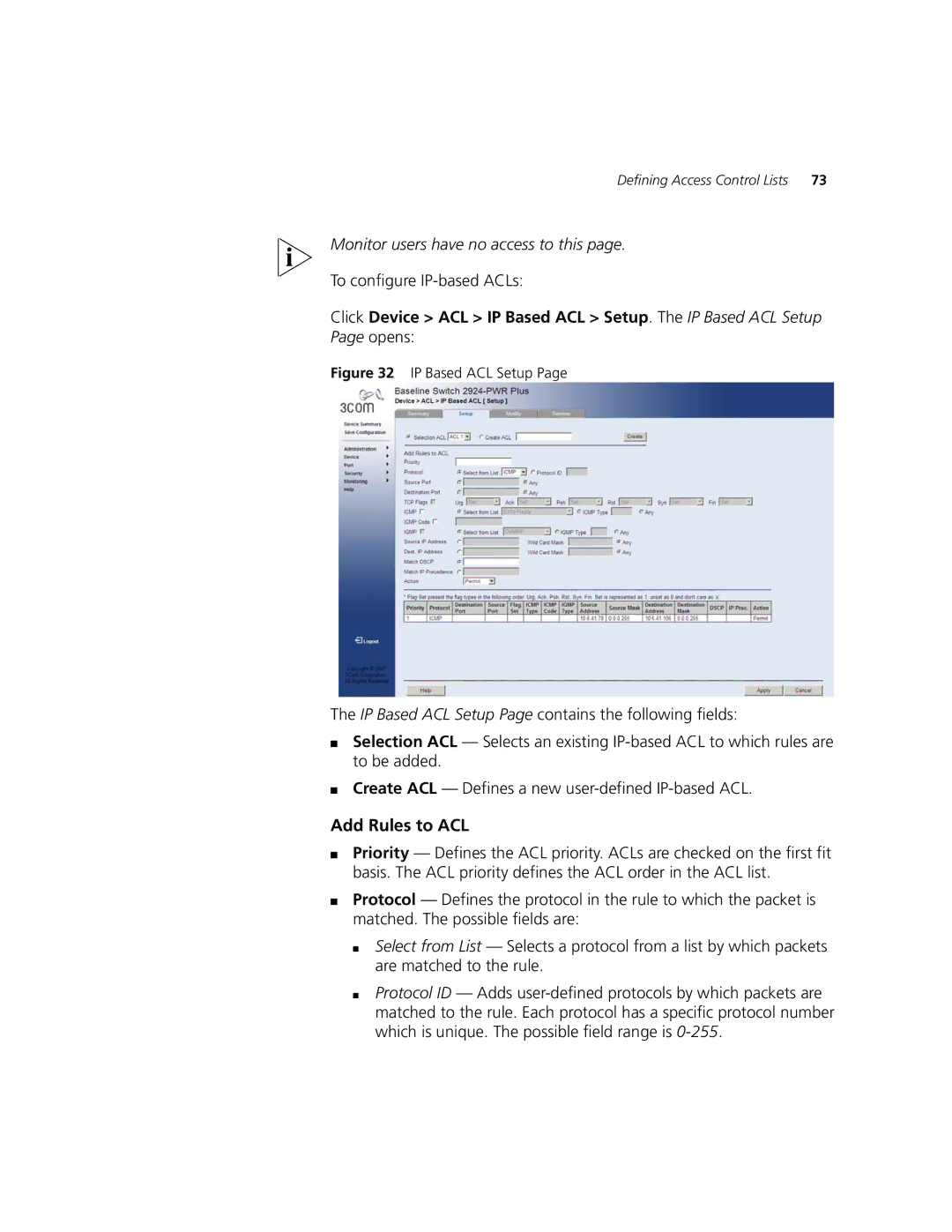 3Com 2924-PWR manual To configure IP-based ACLs, IP Based ACL Setup 