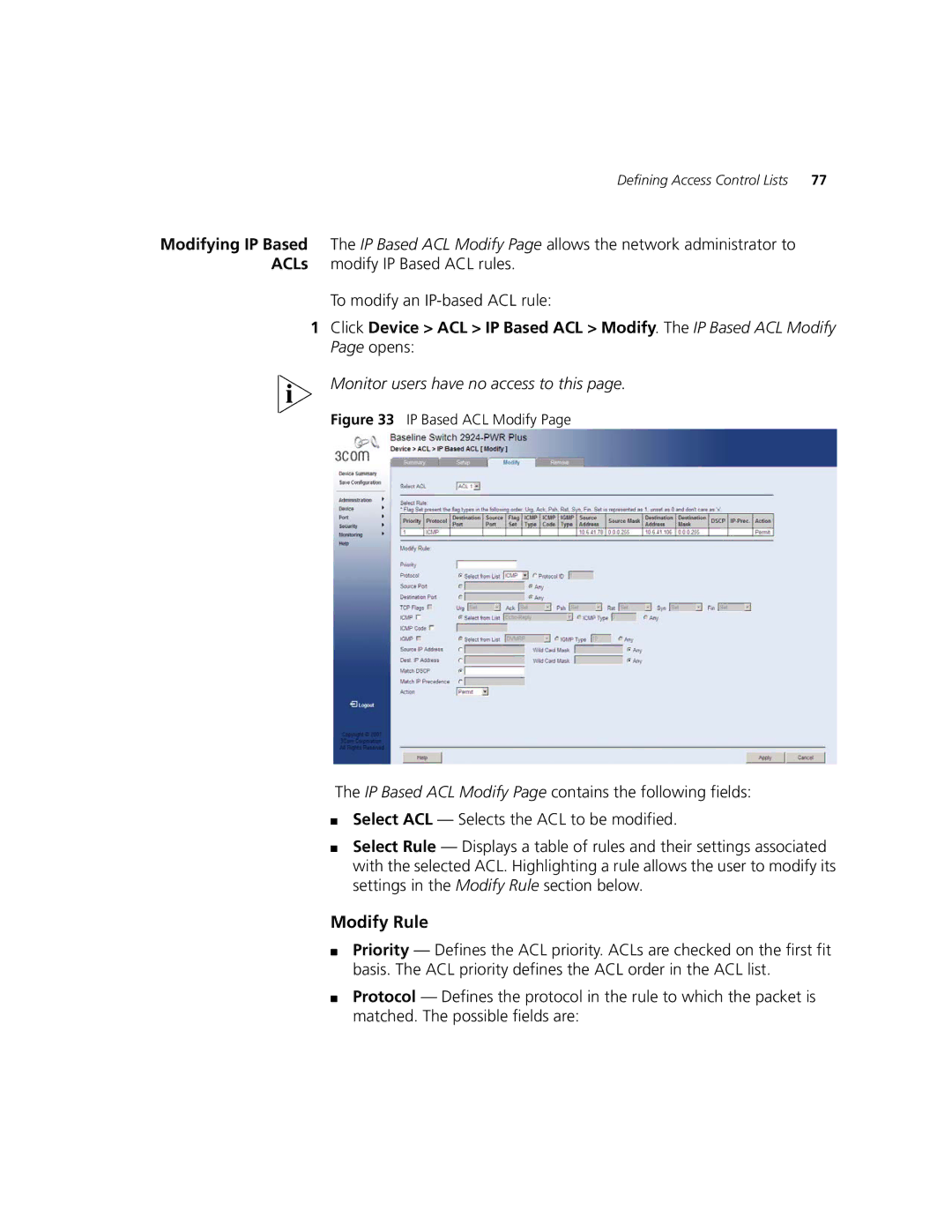 3Com 2924-PWR manual Modify Rule, IP Based ACL Modify 