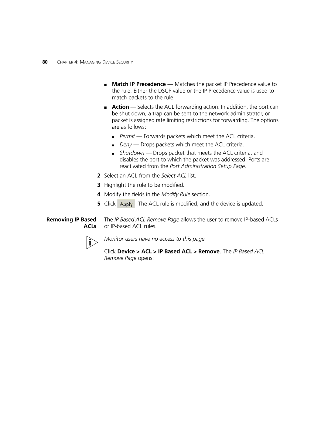 3Com 2924-PWR manual Click Device ACL IP Based ACL Remove. The IP Based ACL 