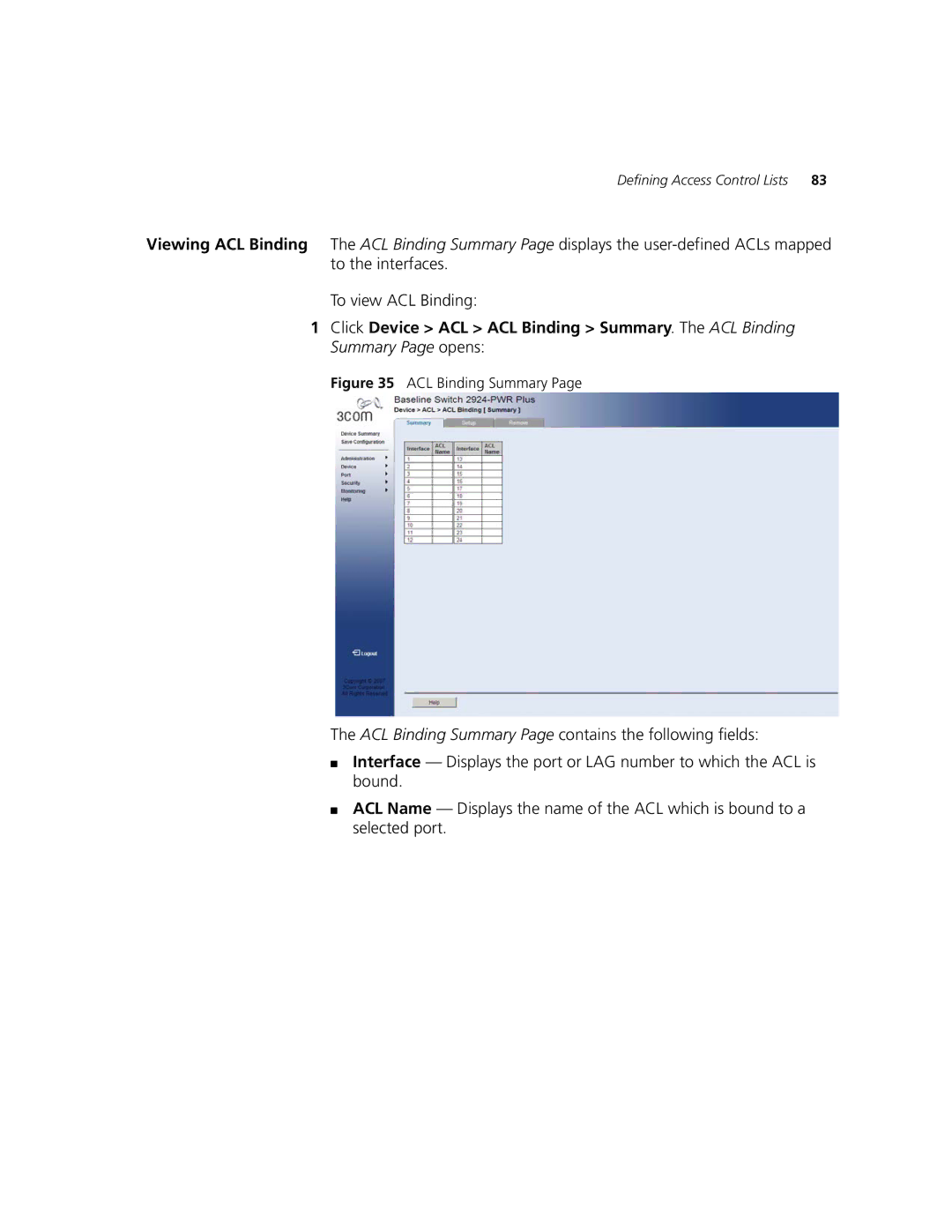 3Com 2924-PWR manual ACL Binding Summary 