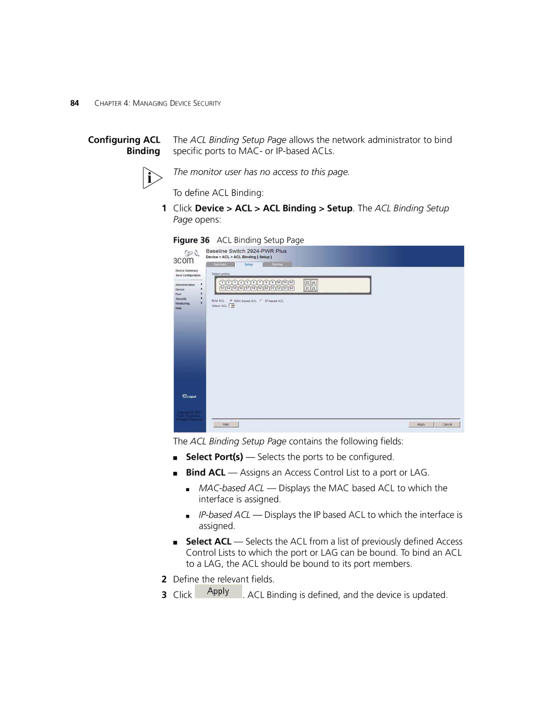 3Com 2924-PWR manual To define ACL Binding, ACL Binding Setup 