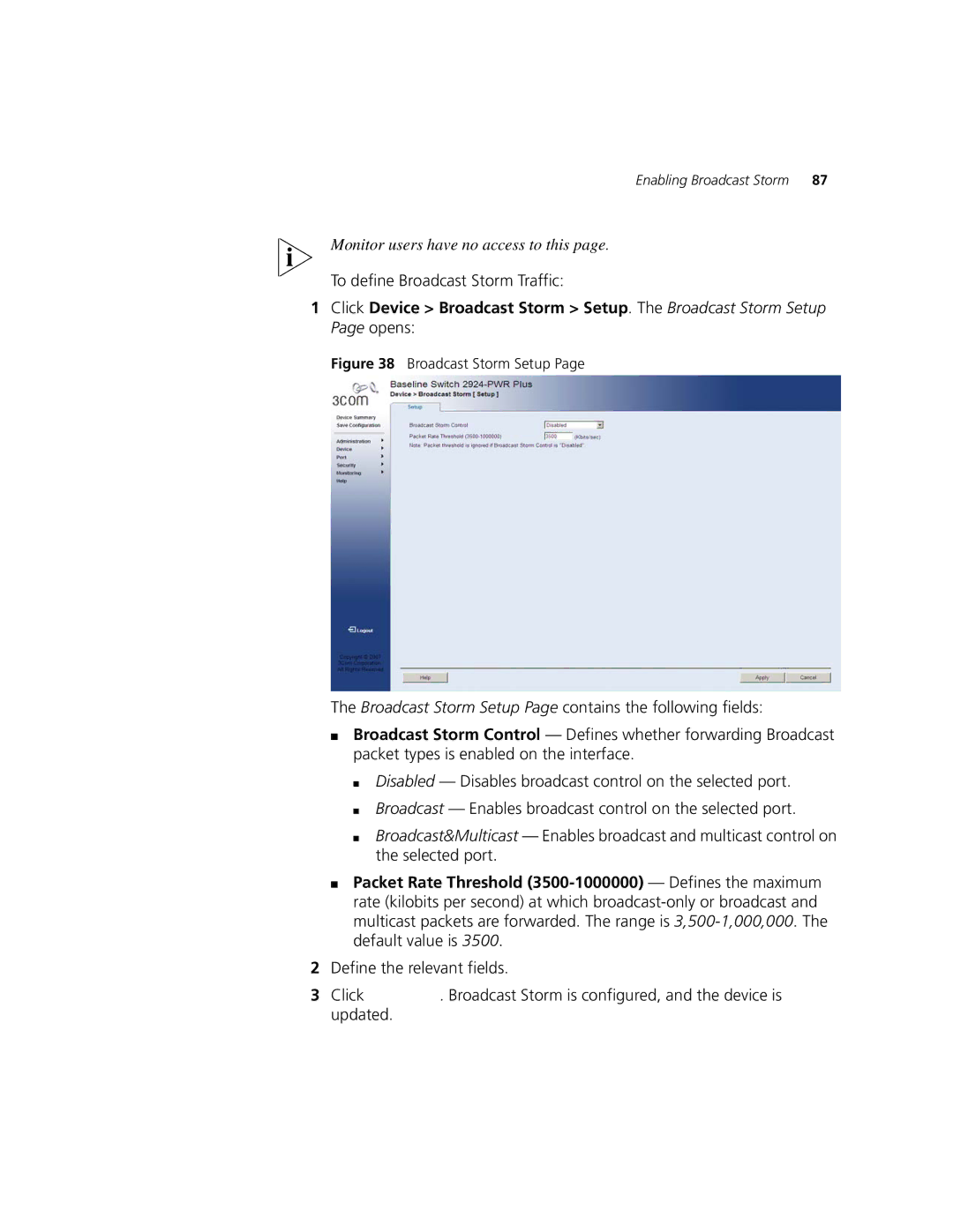 3Com 2924-PWR manual To define Broadcast Storm Traffic, Broadcast Storm Setup 