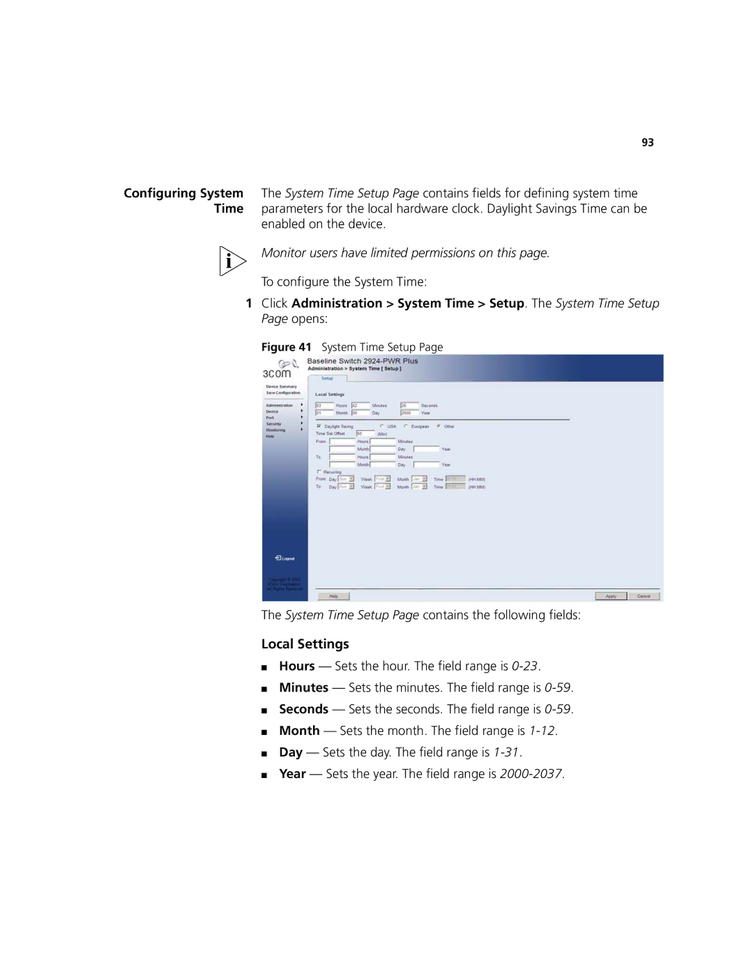 3Com 2924-PWR manual Local Settings, Enabled on the device, To configure the System Time 