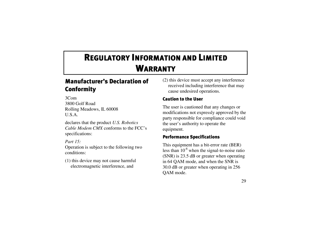 3Com 2940, 2941 manual Manufacturer’s Declaration of Conformity, Performance Specifications 