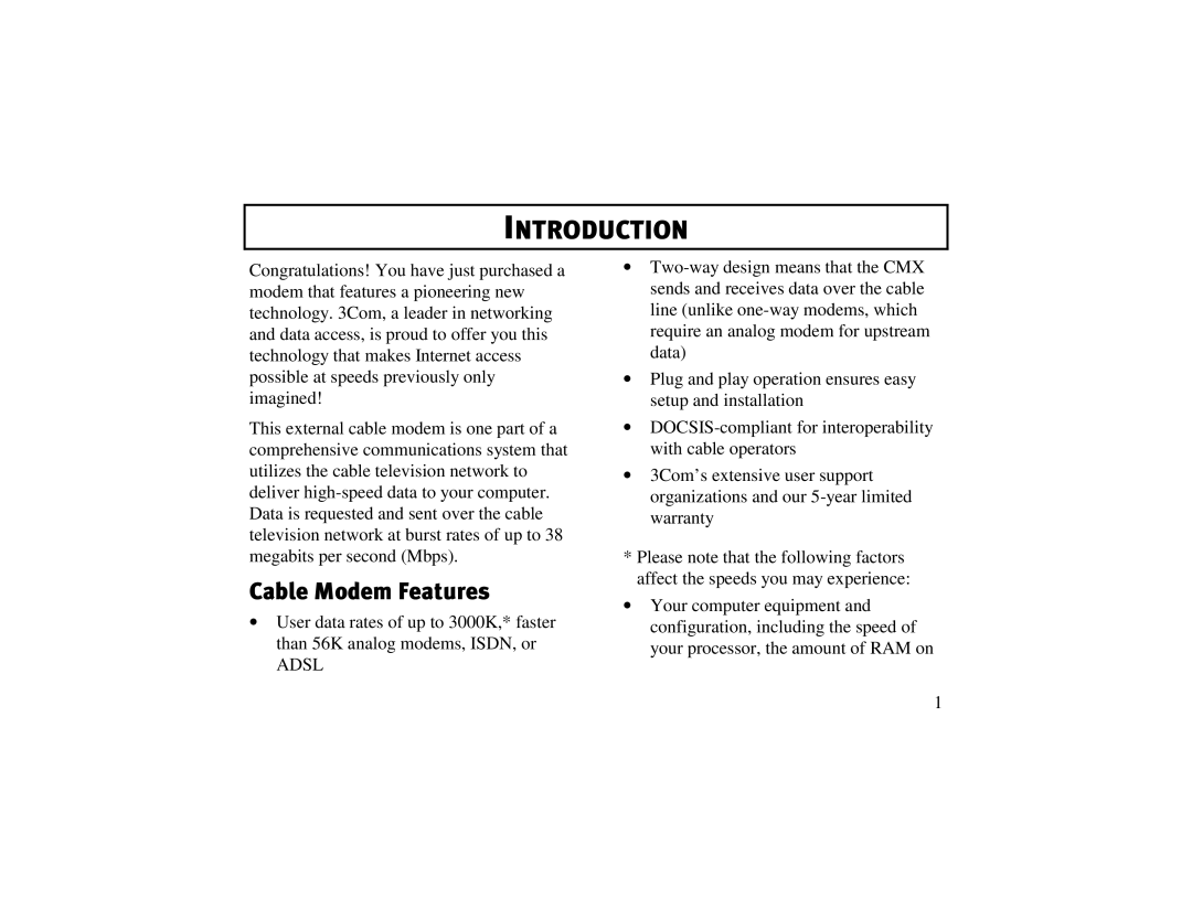 3Com 2940, 2941 manual Introduction, Cable Modem Features 