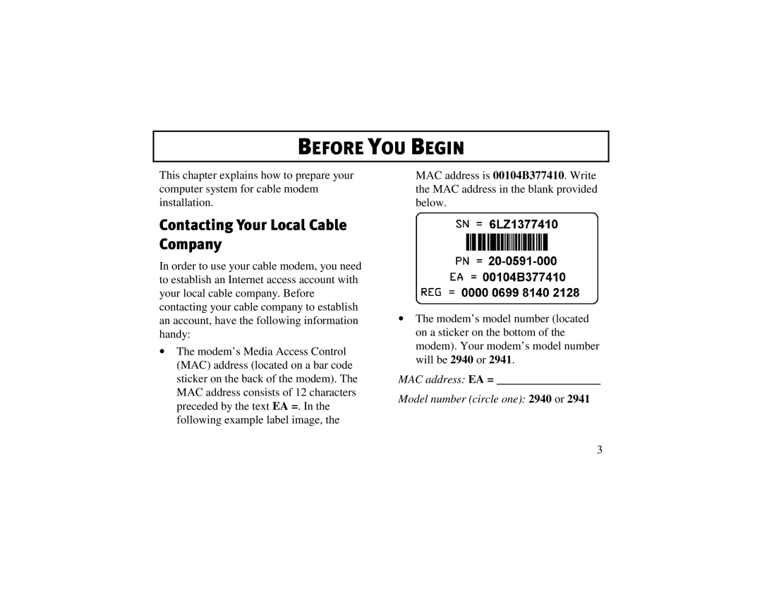 3Com 2940, 2941 manual Before YOU Begin, Contacting Your Local Cable Company 