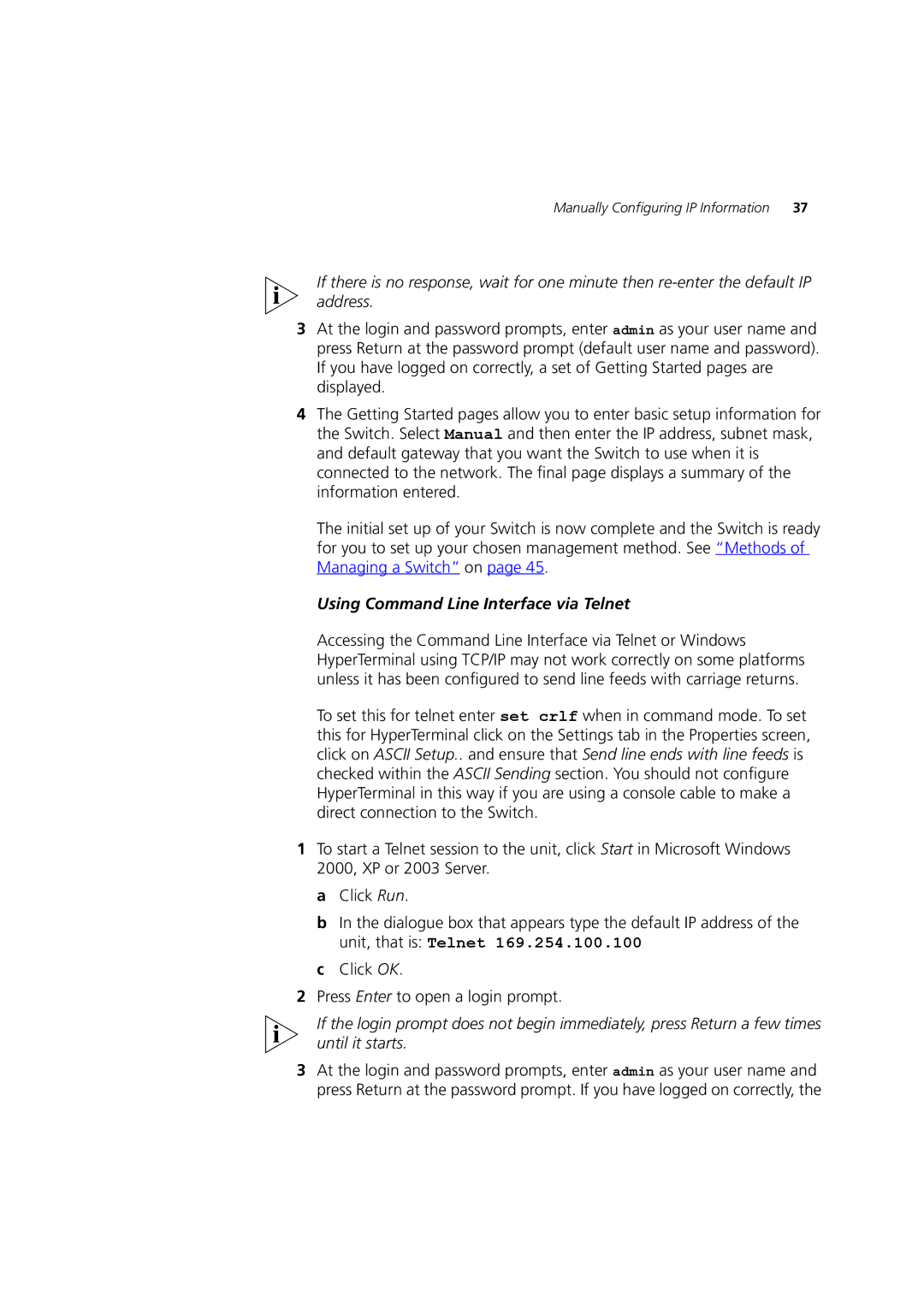 3Com 3 manual Using Command Line Interface via Telnet 