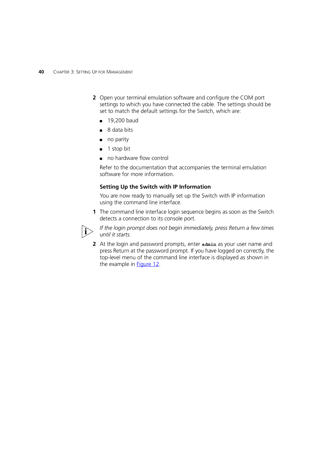 3Com 3 manual Setting Up the Switch with IP Information 