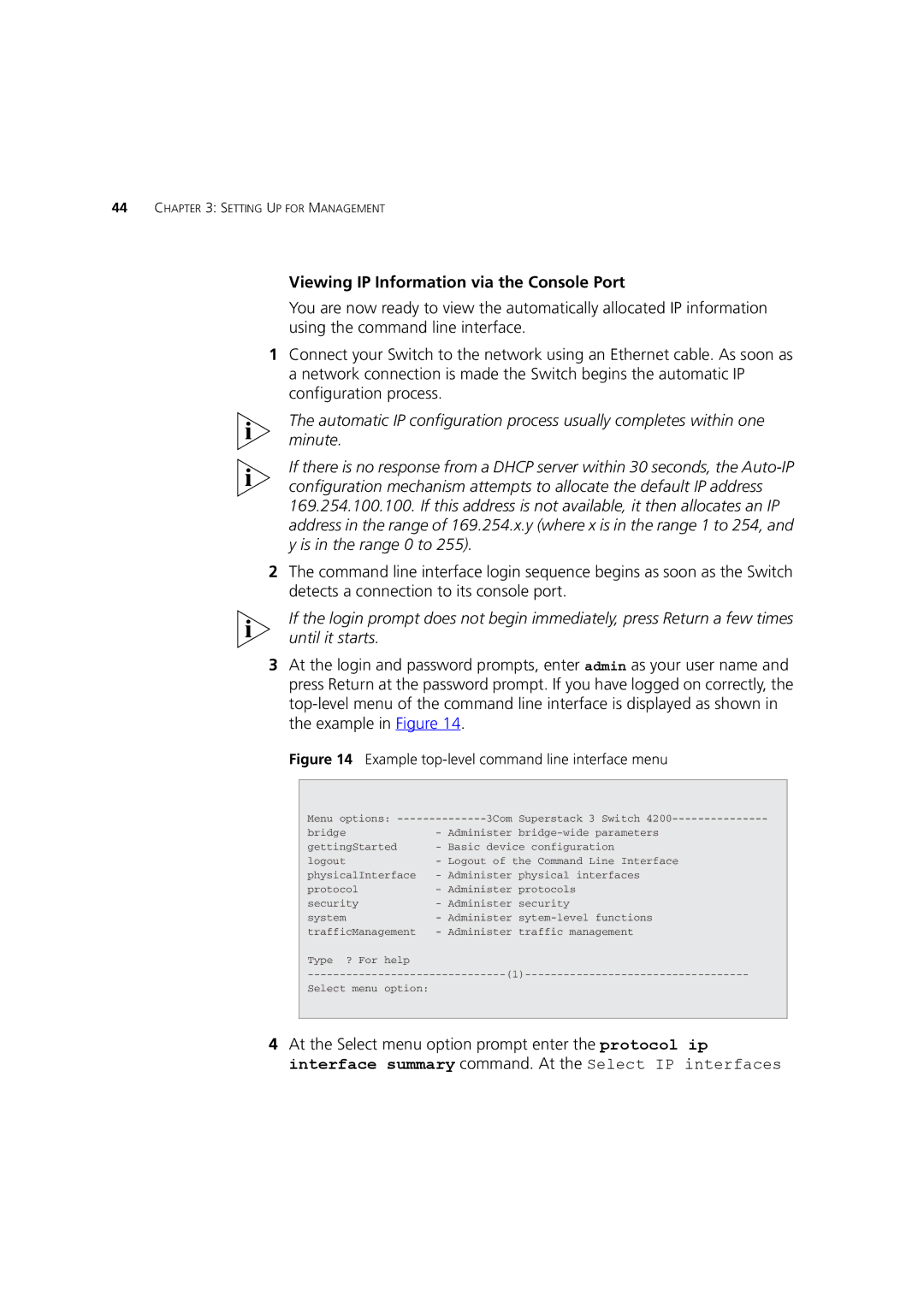 3Com 3 manual Viewing IP Information via the Console Port, Example top-level command line interface menu 