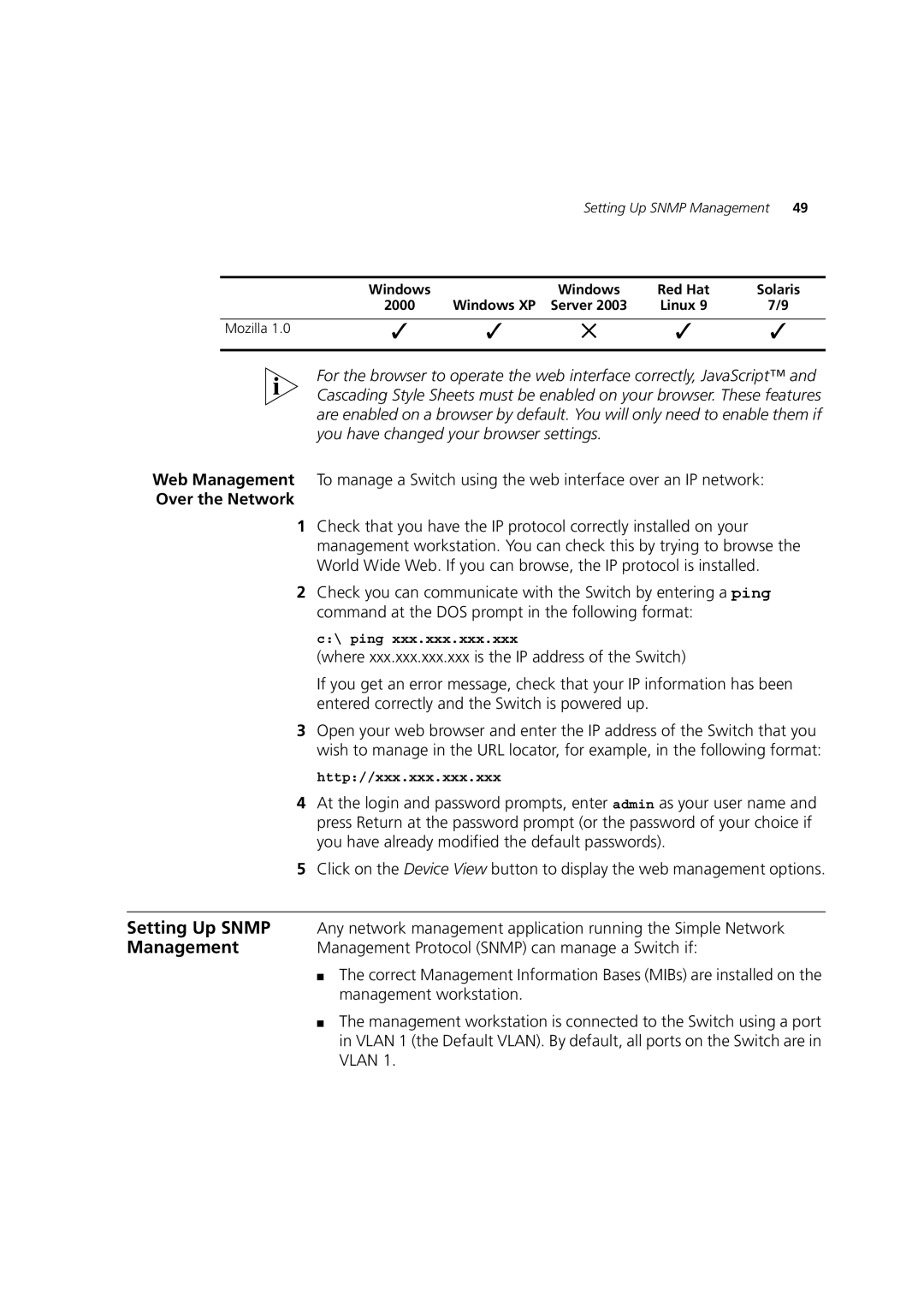 3Com 3 manual Setting Up Snmp, Over the Network, Management Protocol Snmp can manage a Switch if, Management workstation 